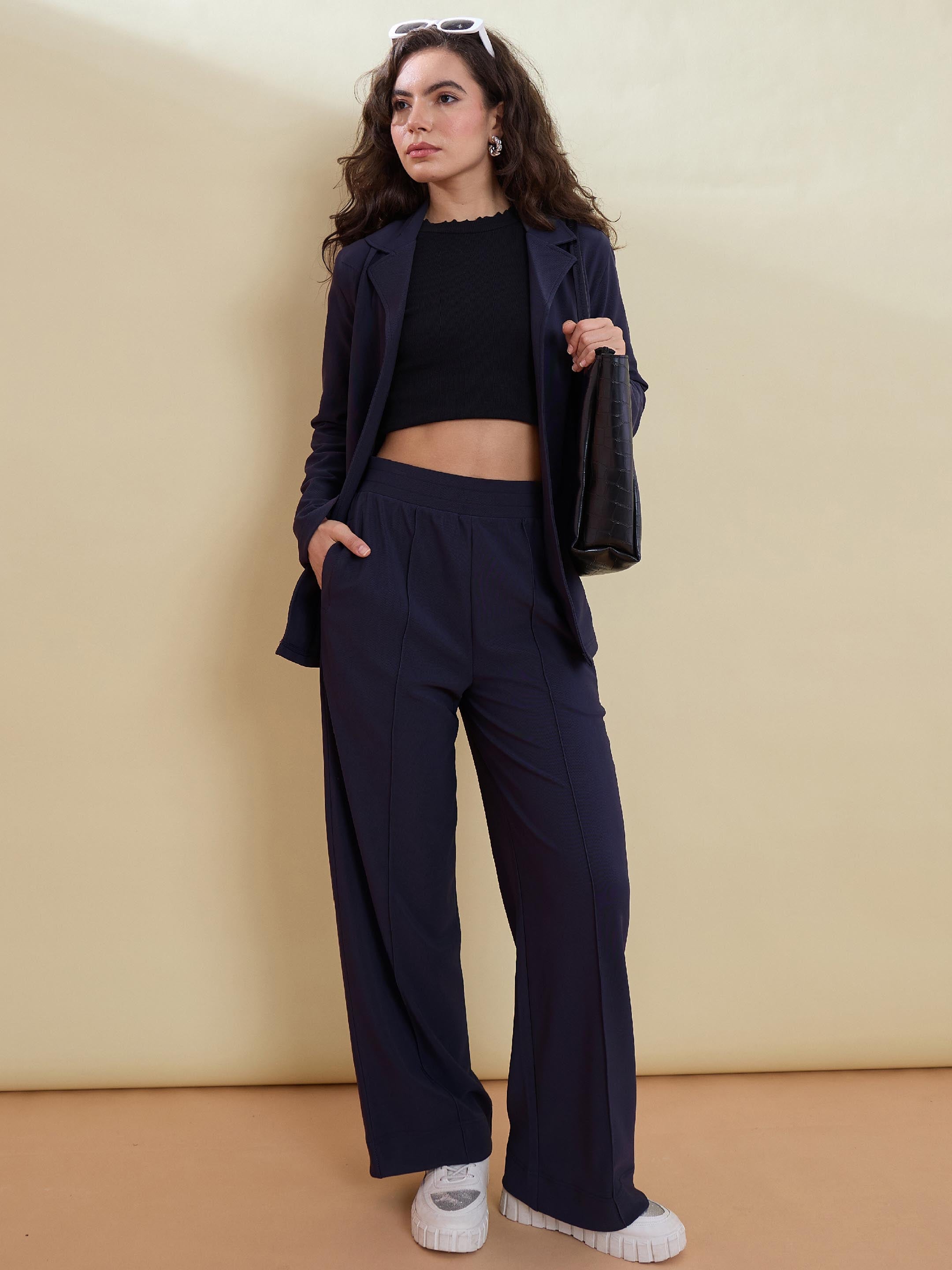 Women Navy Notch Collar Front Open Blazer With Pants