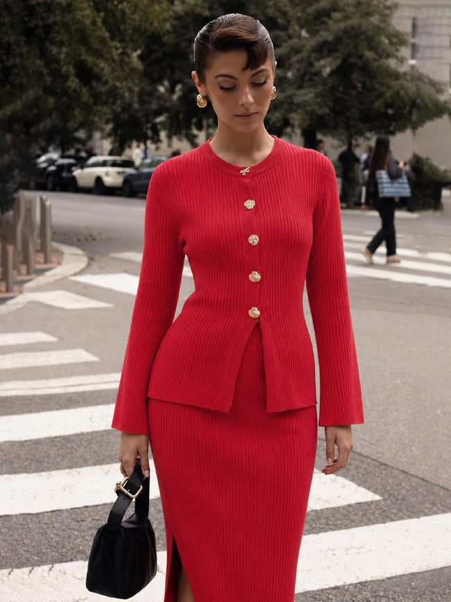 Women Red Knitted Front Button Top With Maxi Skirt