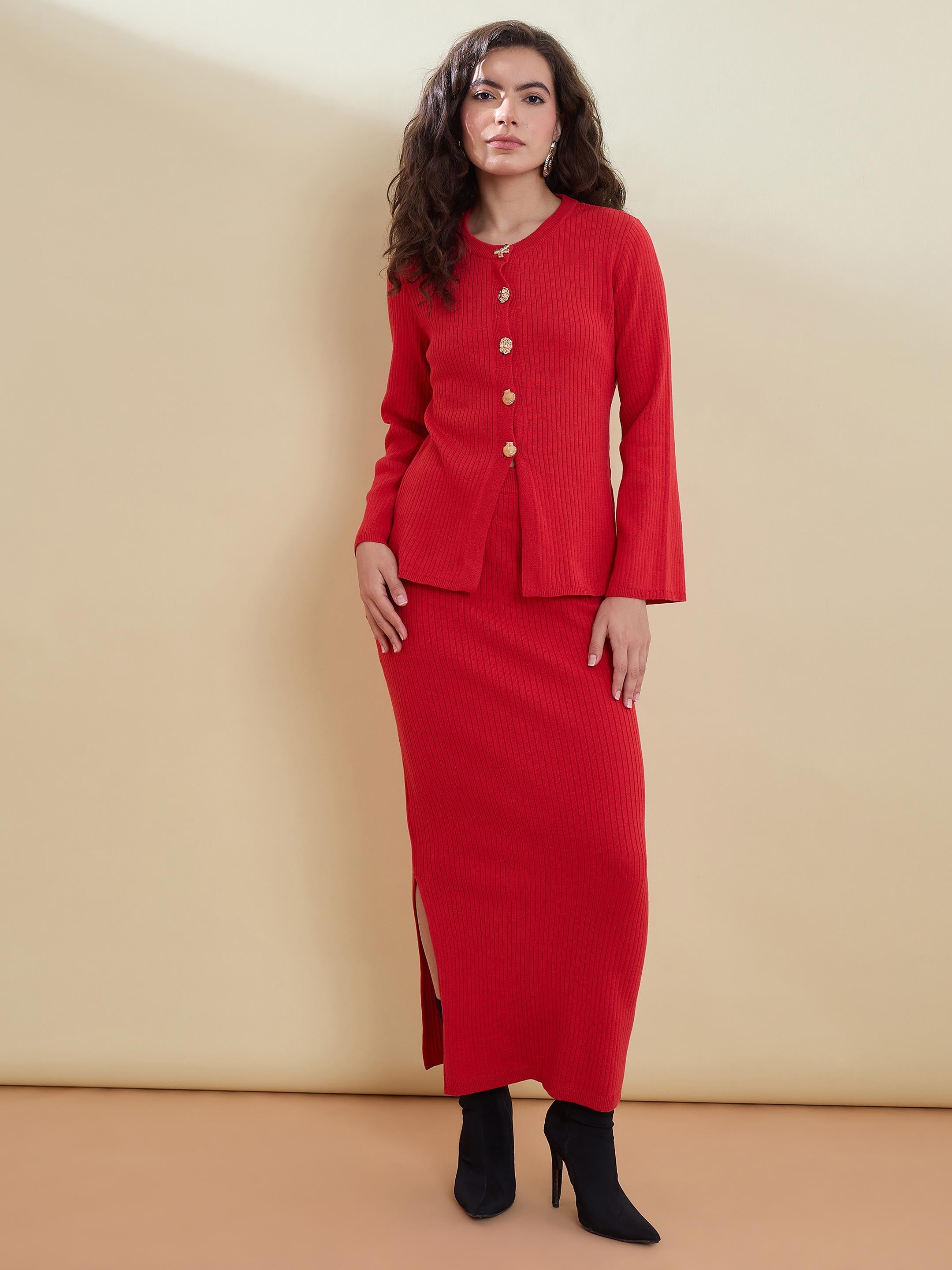Women Red Knitted Front Button Top With Maxi Skirt