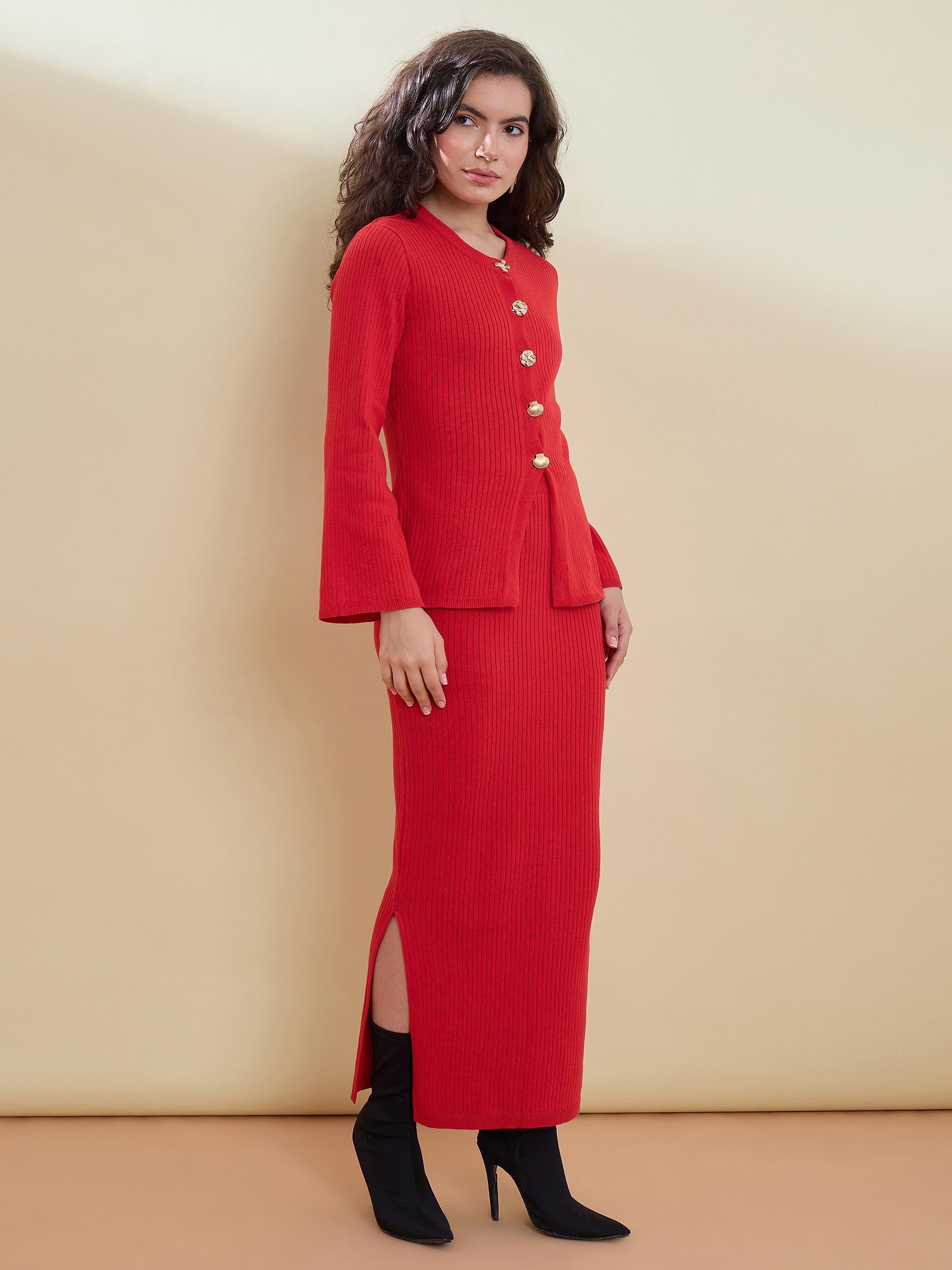 Women Red Knitted Front Button Top With Maxi Skirt