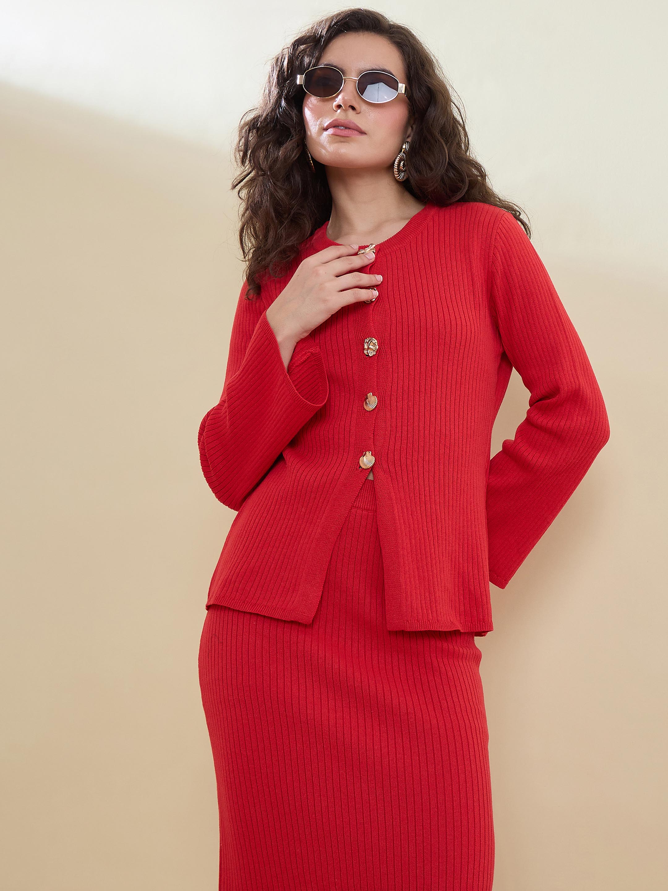 Women Red Knitted Front Button Top With Maxi Skirt
