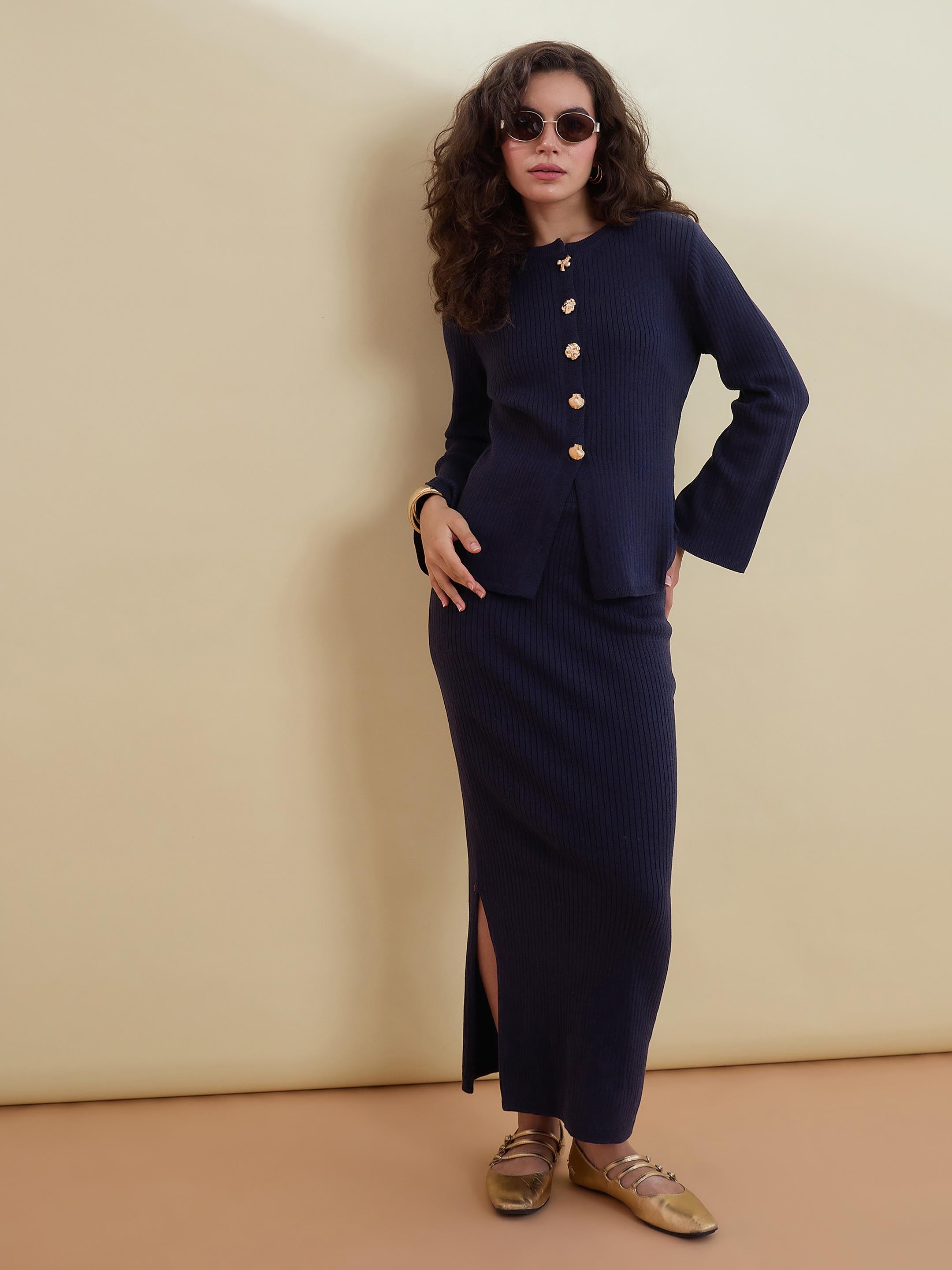 Women Navy Knitted Front Button Top With Maxi Skirt