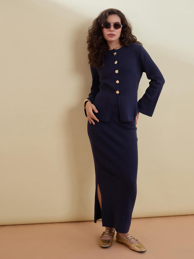 Women Navy Knitted Front Button Top With Maxi Skirt