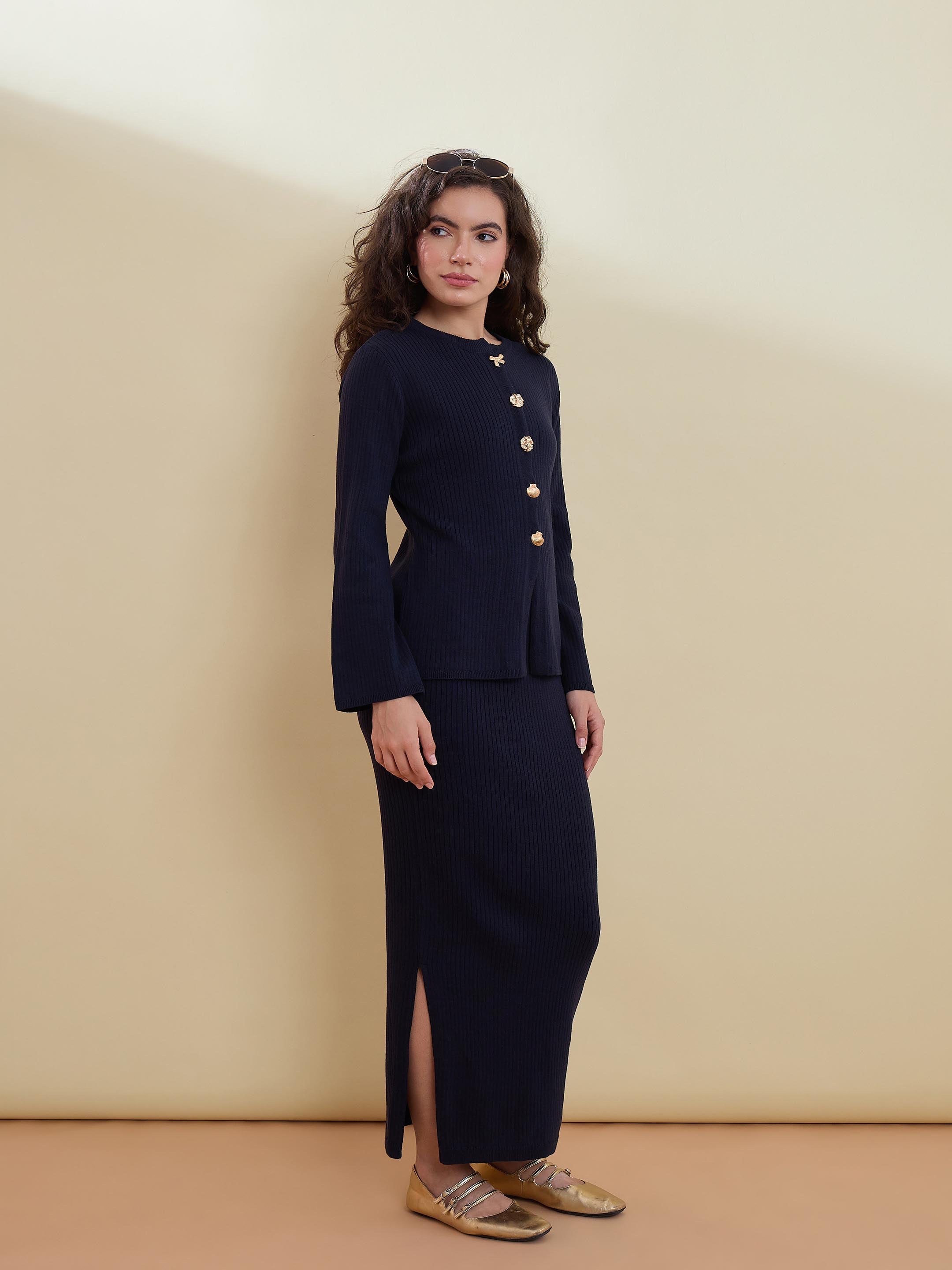 Women Navy Knitted Front Button Top With Maxi Skirt