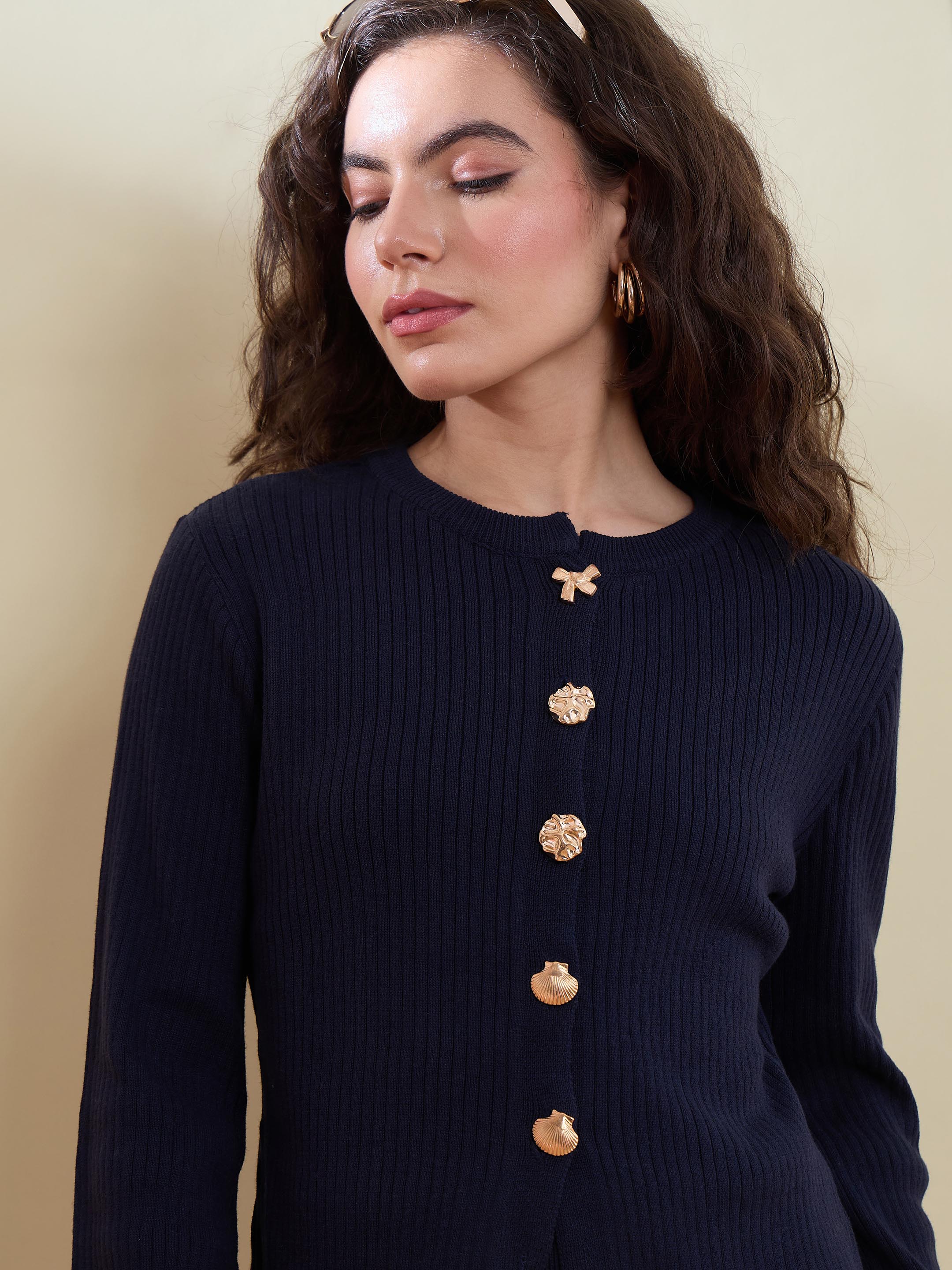 Women Navy Knitted Front Button Top With Maxi Skirt