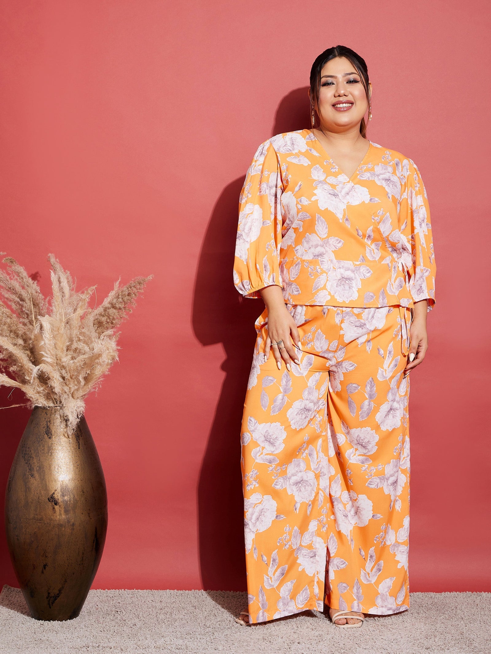 Orange Floral Wrap Top With Straight Pants-SASSAFRAS Curve