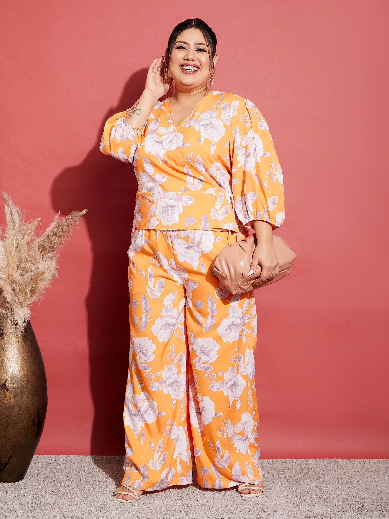 Orange Floral Wrap Top With Straight Pants-SASSAFRAS Curve