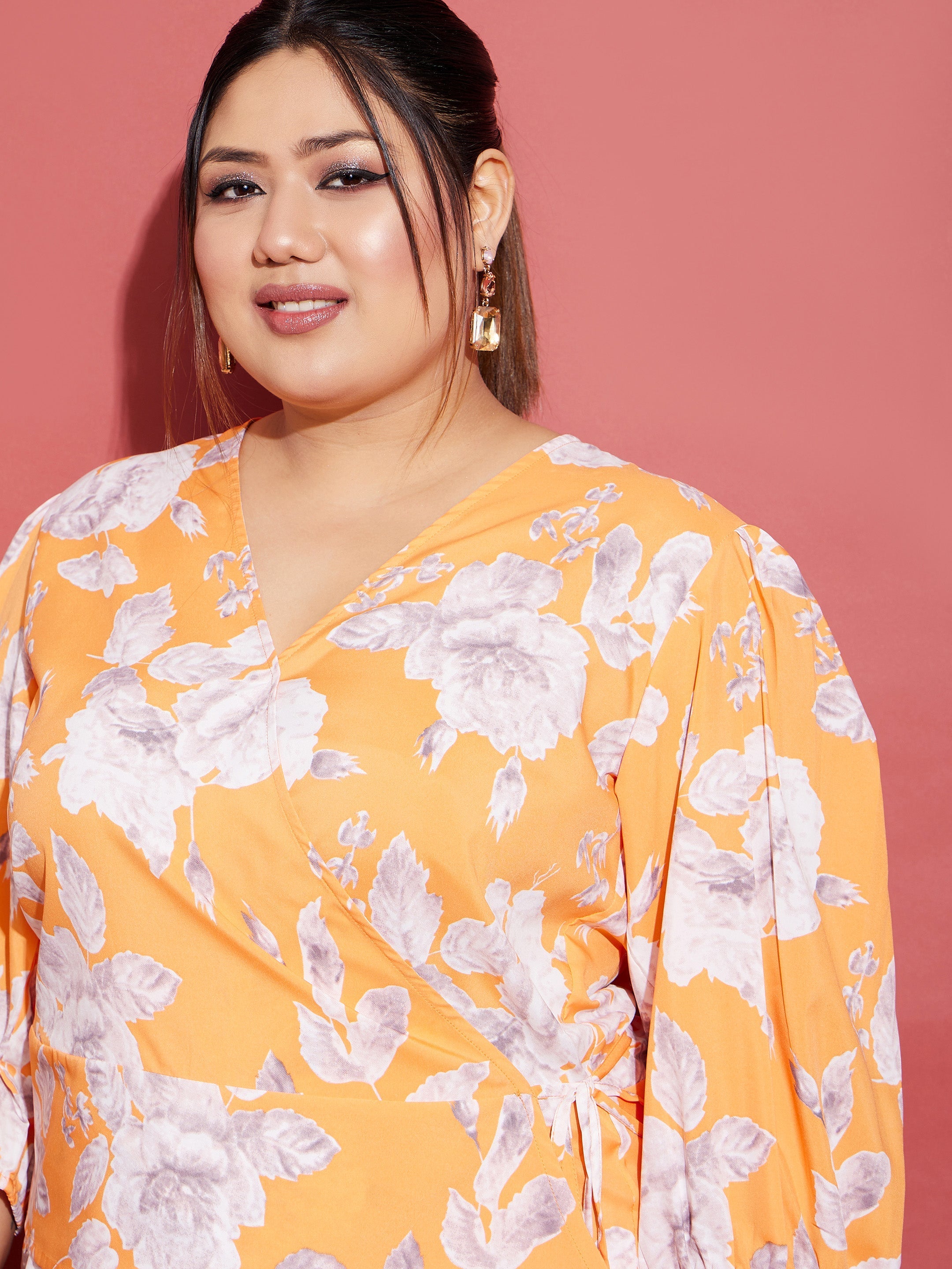 Orange Floral Wrap Top With Straight Pants-SASSAFRAS Curve