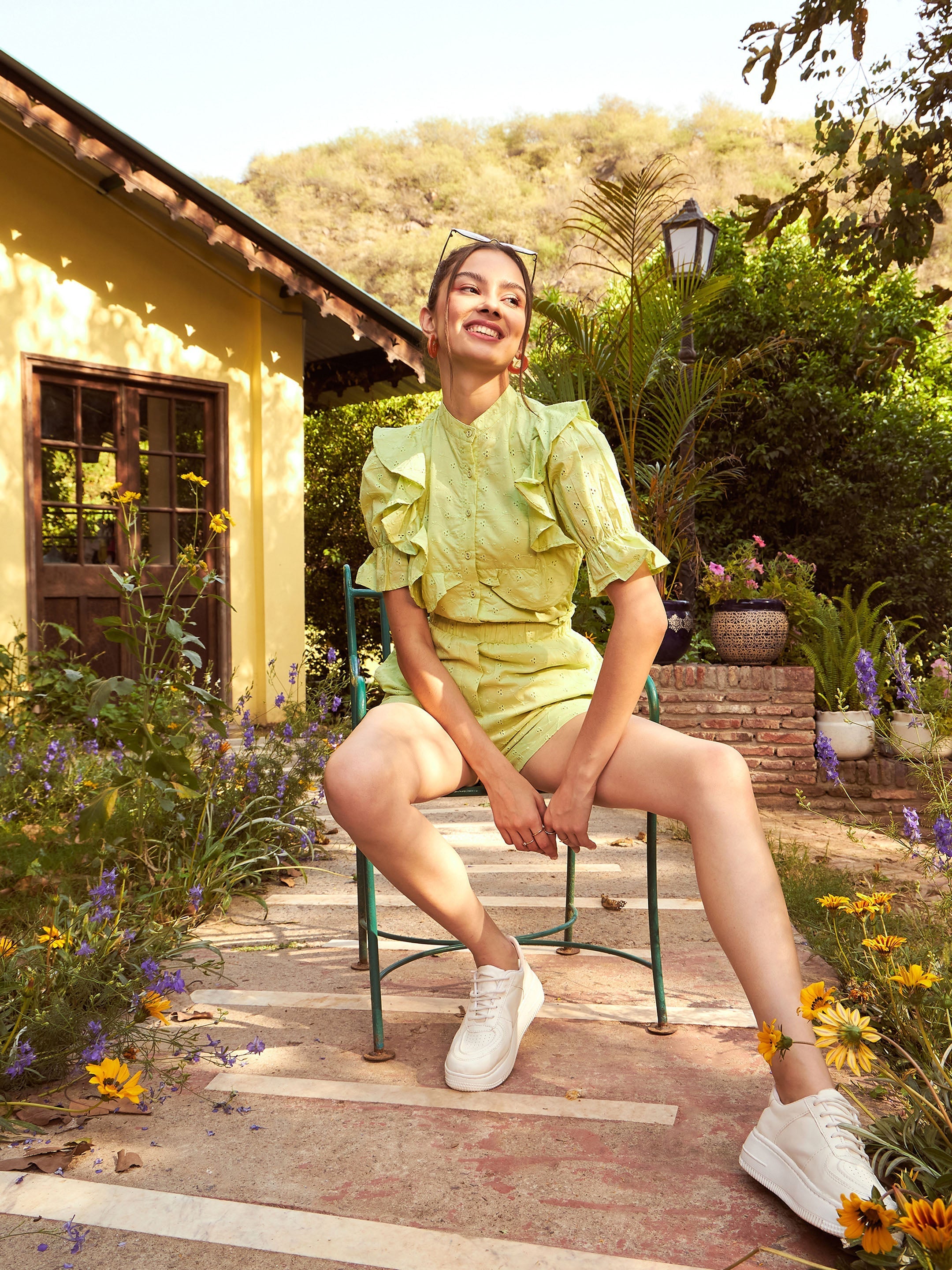 Women Lime Green Schiffli Puff Sleeves Shirt With Paperwaist Shorts