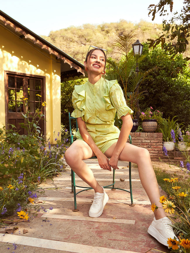 Women Lime Green Schiffli Puff Sleeves Shirt With Paperwaist Shorts
