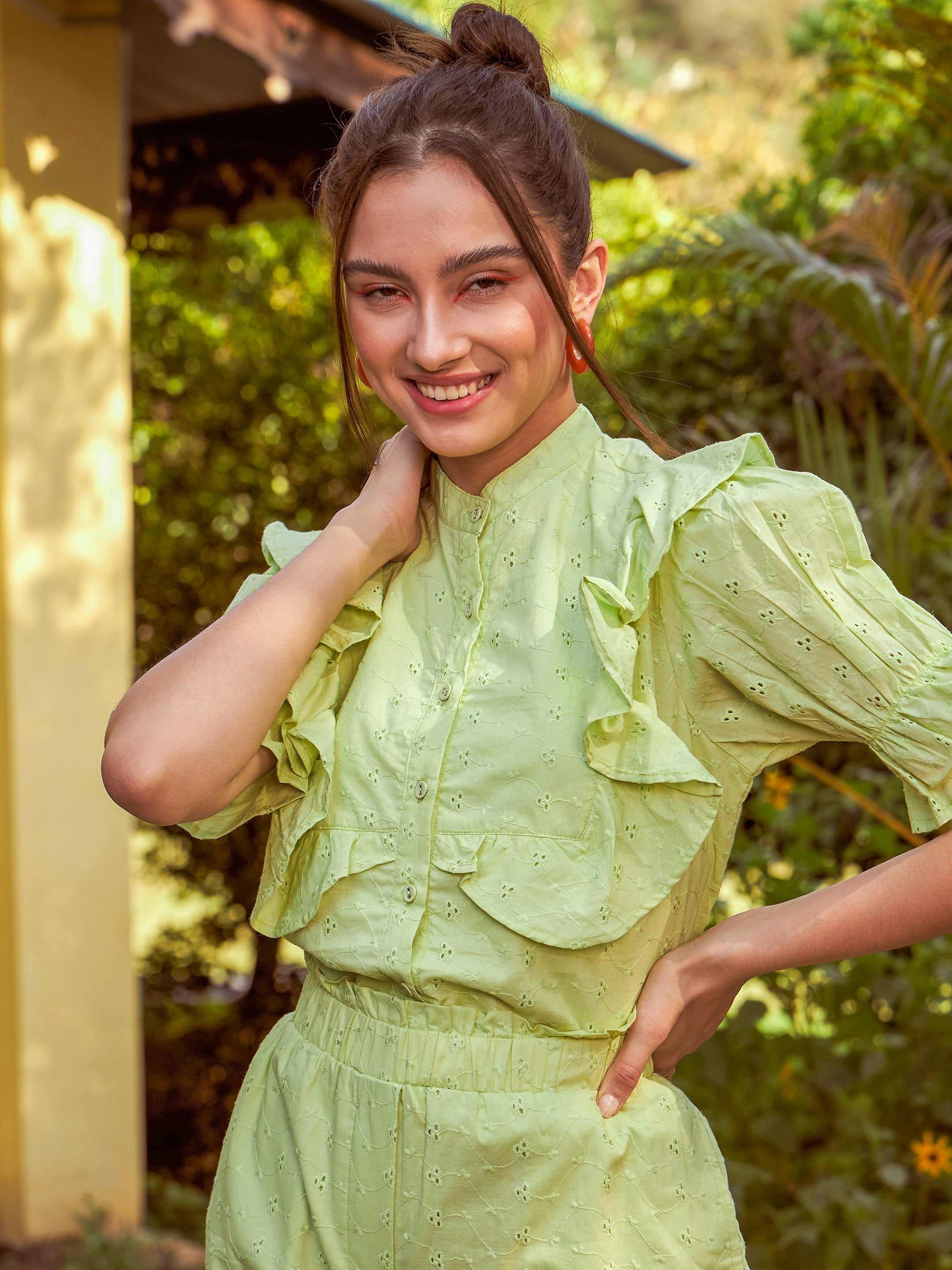 Women Lime Green Schiffli Puff Sleeves Shirt With Paperwaist Shorts