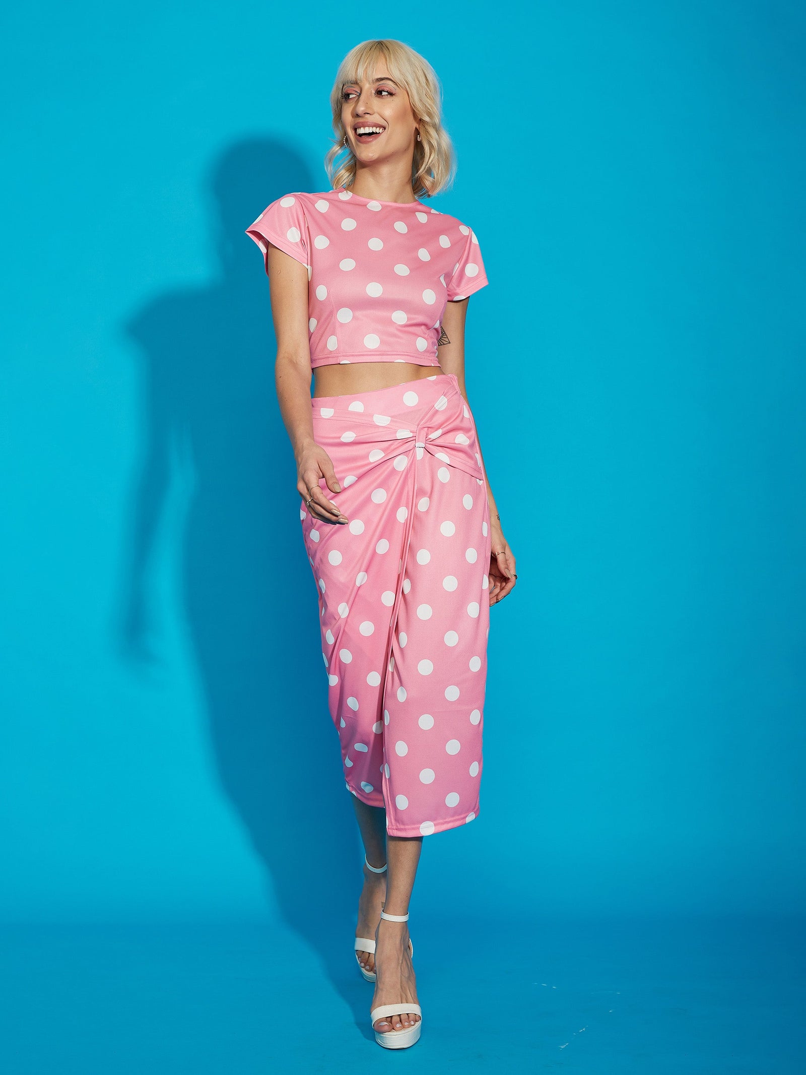 Pink Polka Dot Crop Top With Twisted Midi Skirt-SASSAFRAS