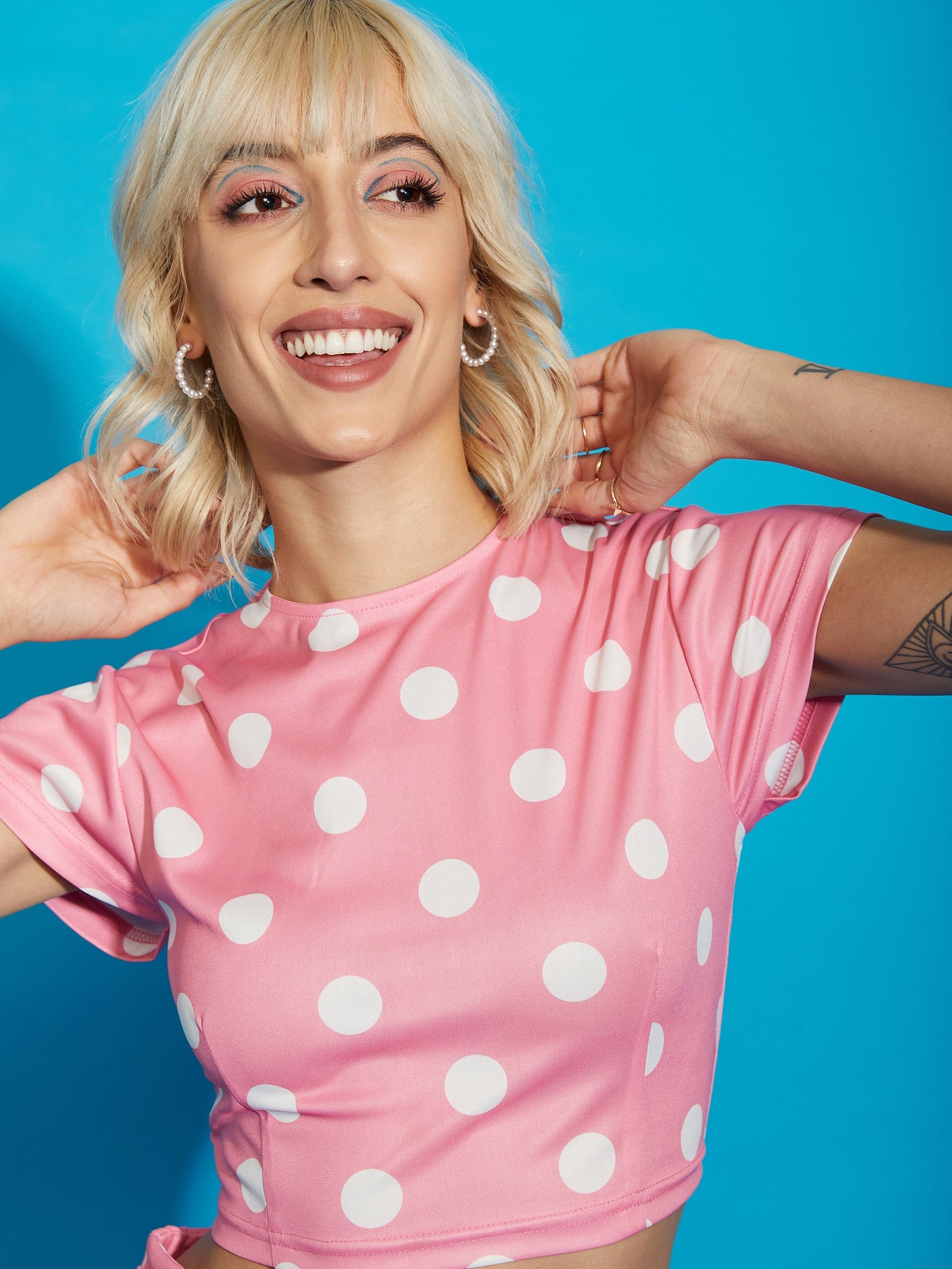 Pink Polka Dot Crop Top With Twisted Midi Skirt-SASSAFRAS