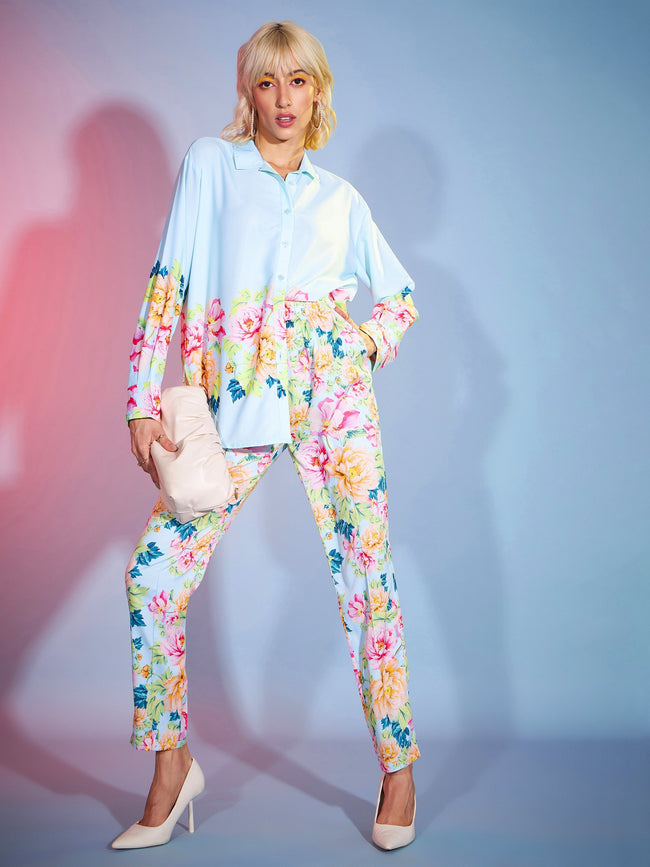 Women Turquoise Floral Oversized Shirt With Tapered Pants