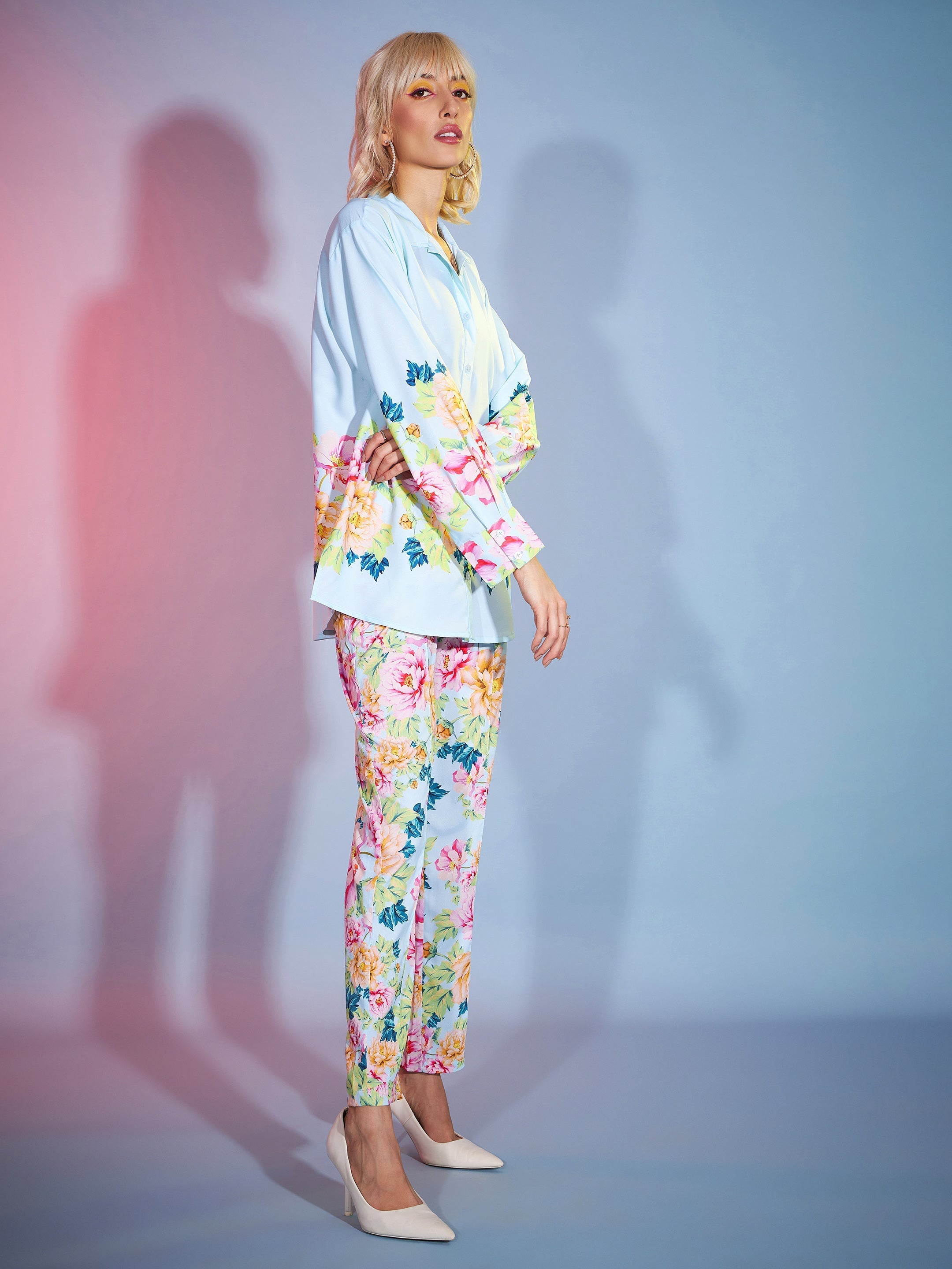 Women Turquoise Floral Oversized Shirt With Tapered Pants