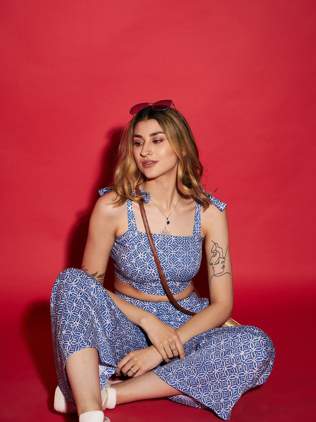 Women Blue Mughal Printed Crop Top With Straight Pants