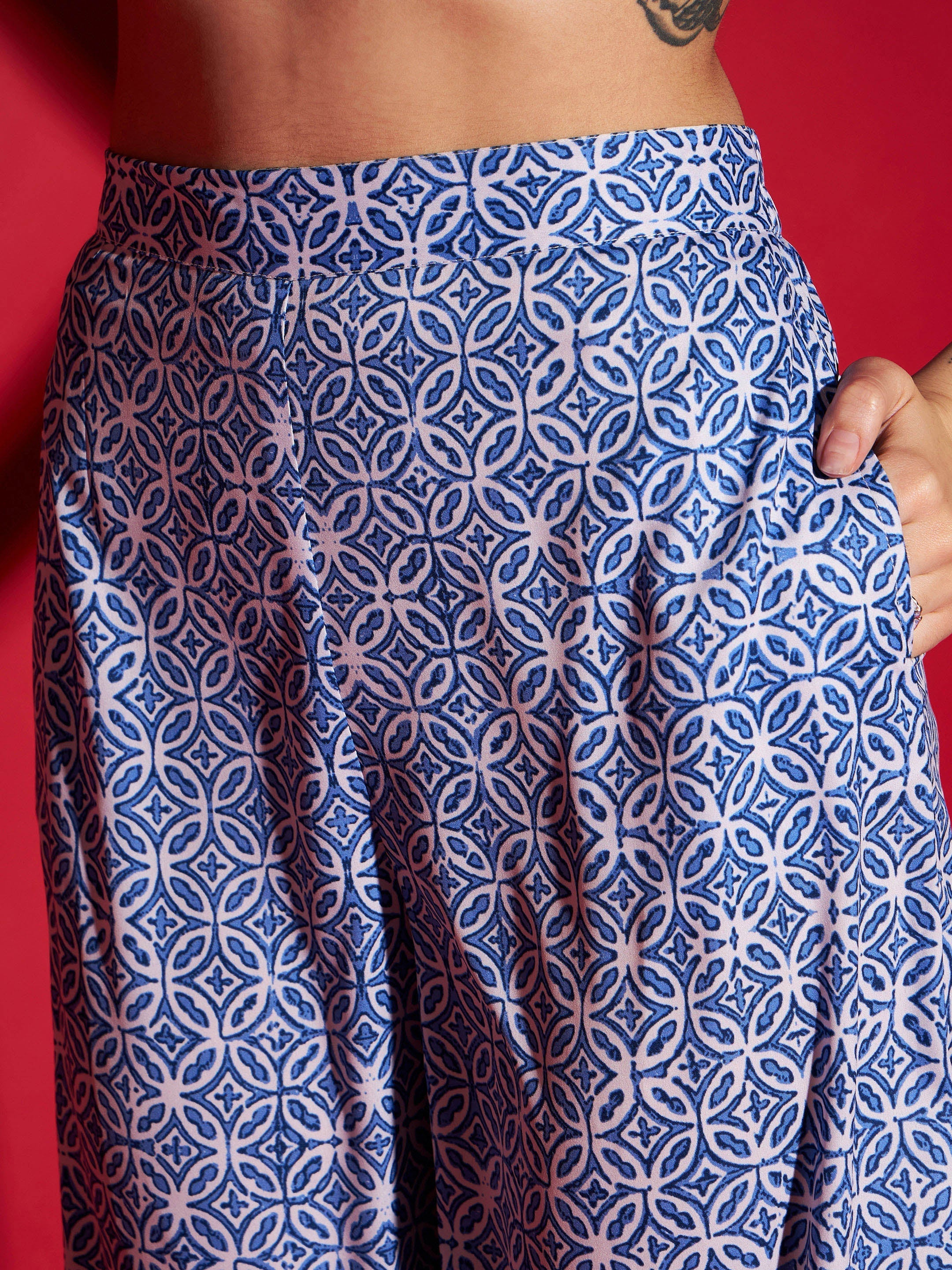 Women Blue Mughal Printed Crop Top With Straight Pants