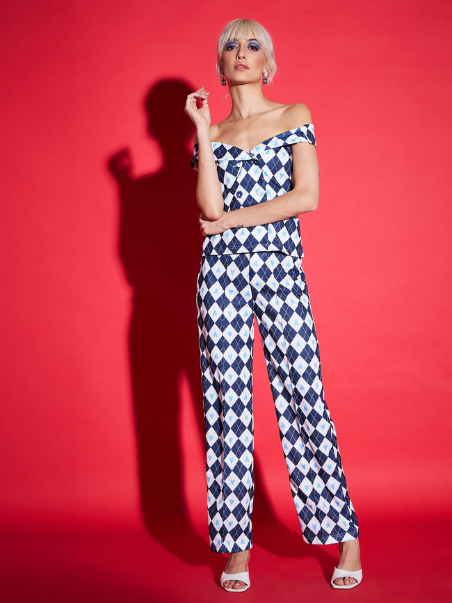 Women Navy Geometric Double Breasted Collar Top With Straight Pants