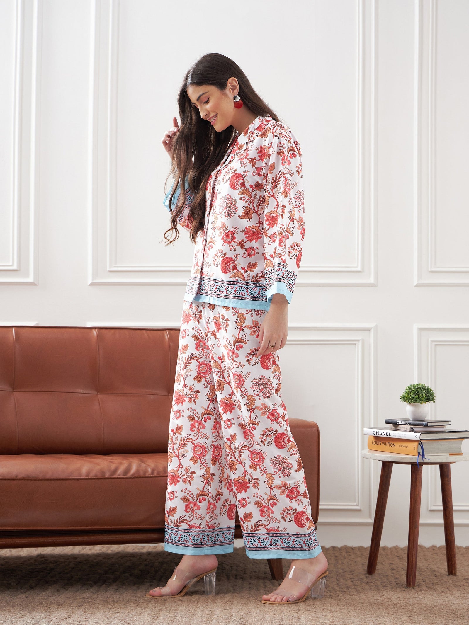 White & Sky Blue Tropical Notch Collar Shirt With Lounge Pants-SASSAFRAS alt-laze