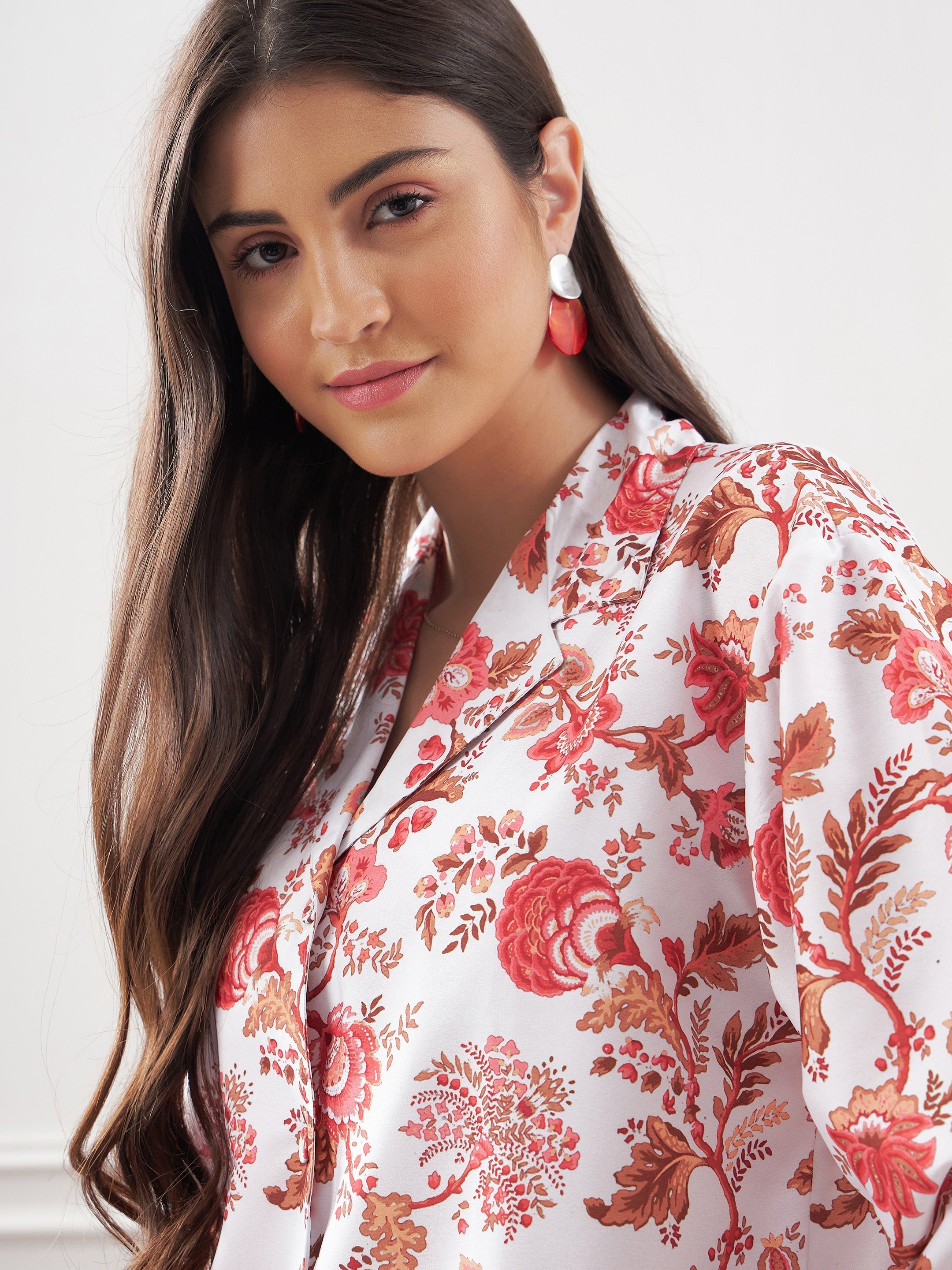 White & Sky Blue Tropical Notch Collar Shirt With Lounge Pants-SASSAFRAS alt-laze