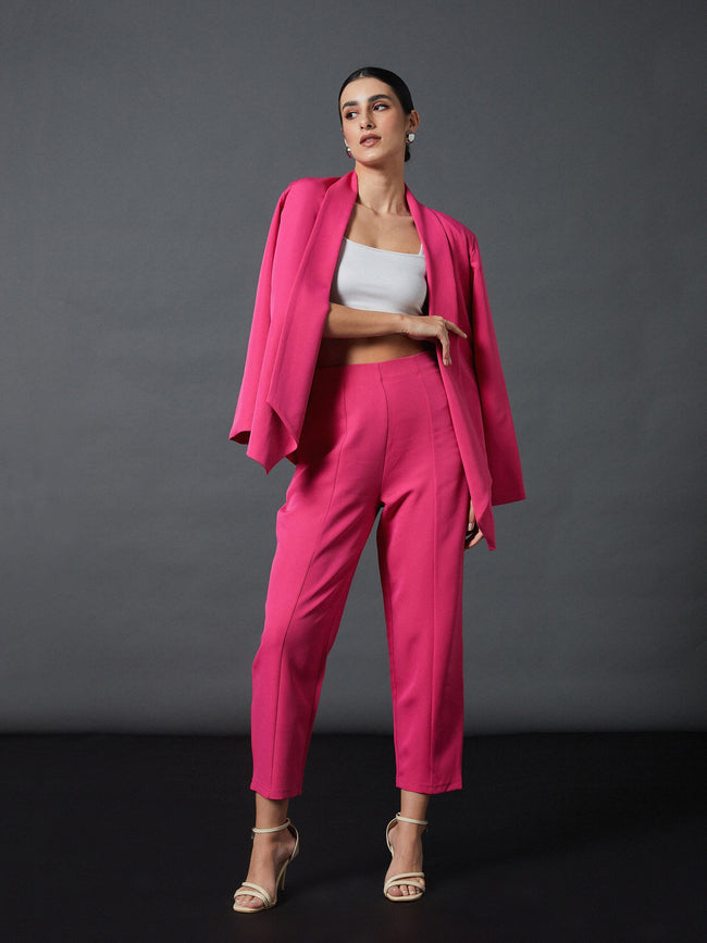 Women Pink Shawl Collar Blazer With Balloon Fit Pants