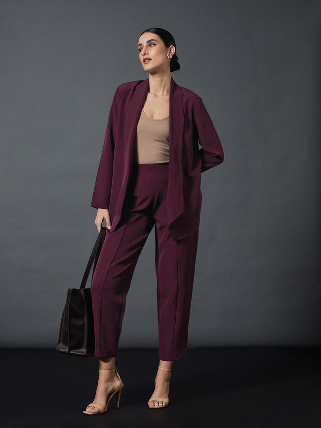 Maroon Shawl Collar Blazer With Balloon Fit Pants-SASSAFRAS worklyf