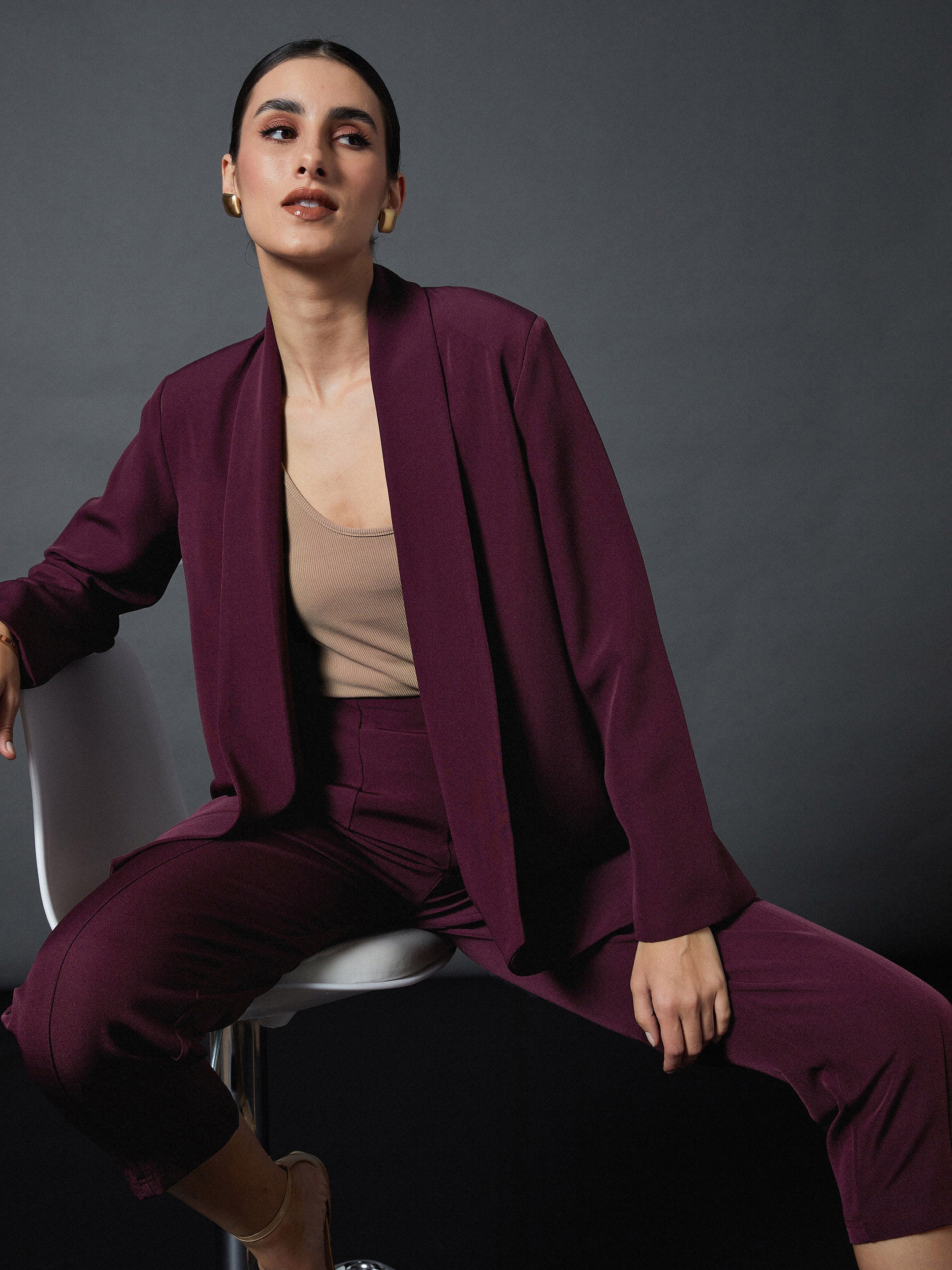 Maroon Shawl Collar Blazer With Balloon Fit Pants-SASSAFRAS worklyf
