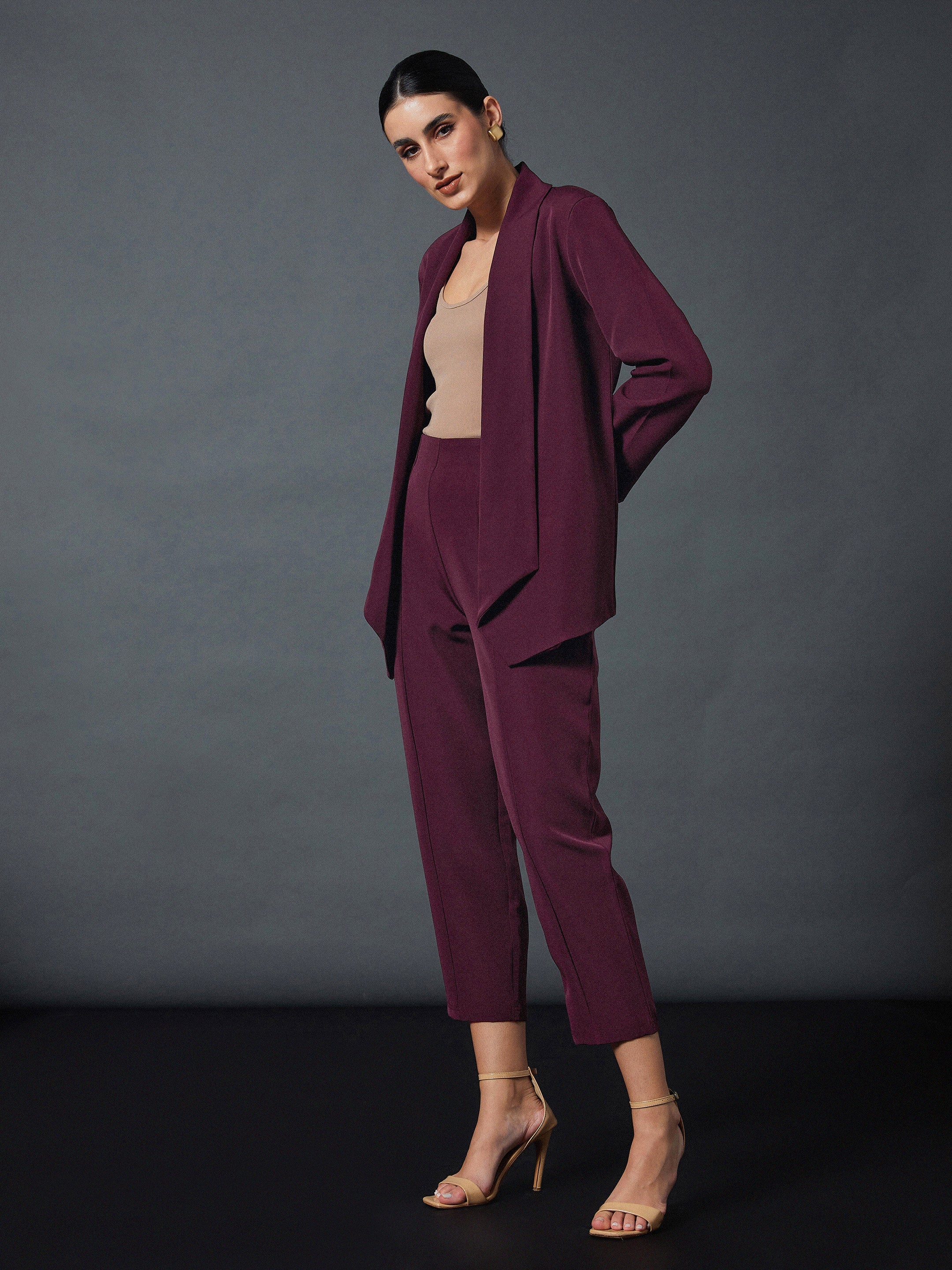 Maroon Shawl Collar Blazer With Balloon Fit Pants-SASSAFRAS worklyf