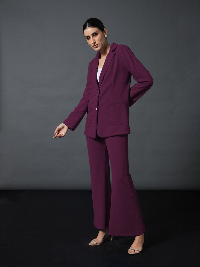 Women Mauve Slim Fit Blazer With Bellbottom Pants