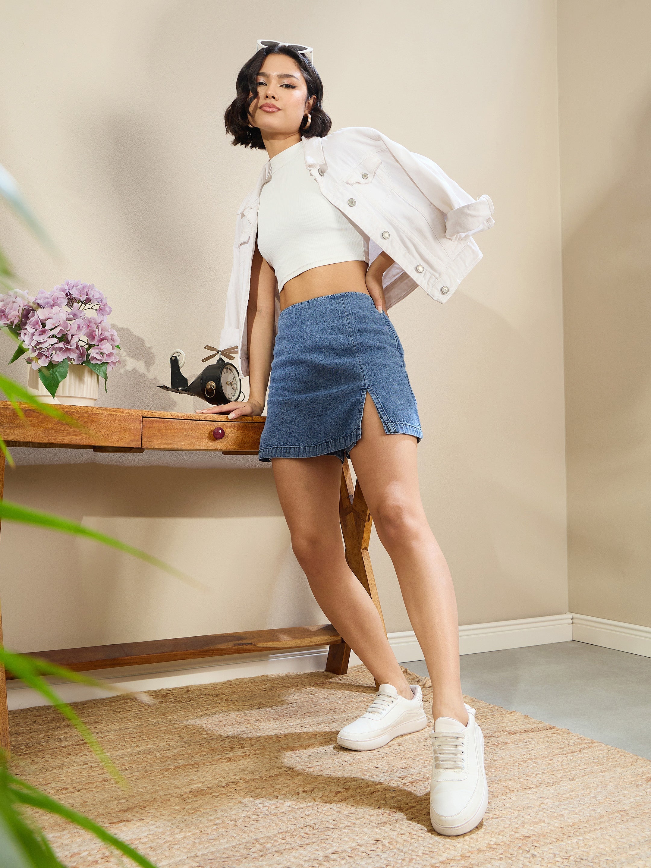 Women Navy Denim Side Slit Skirts