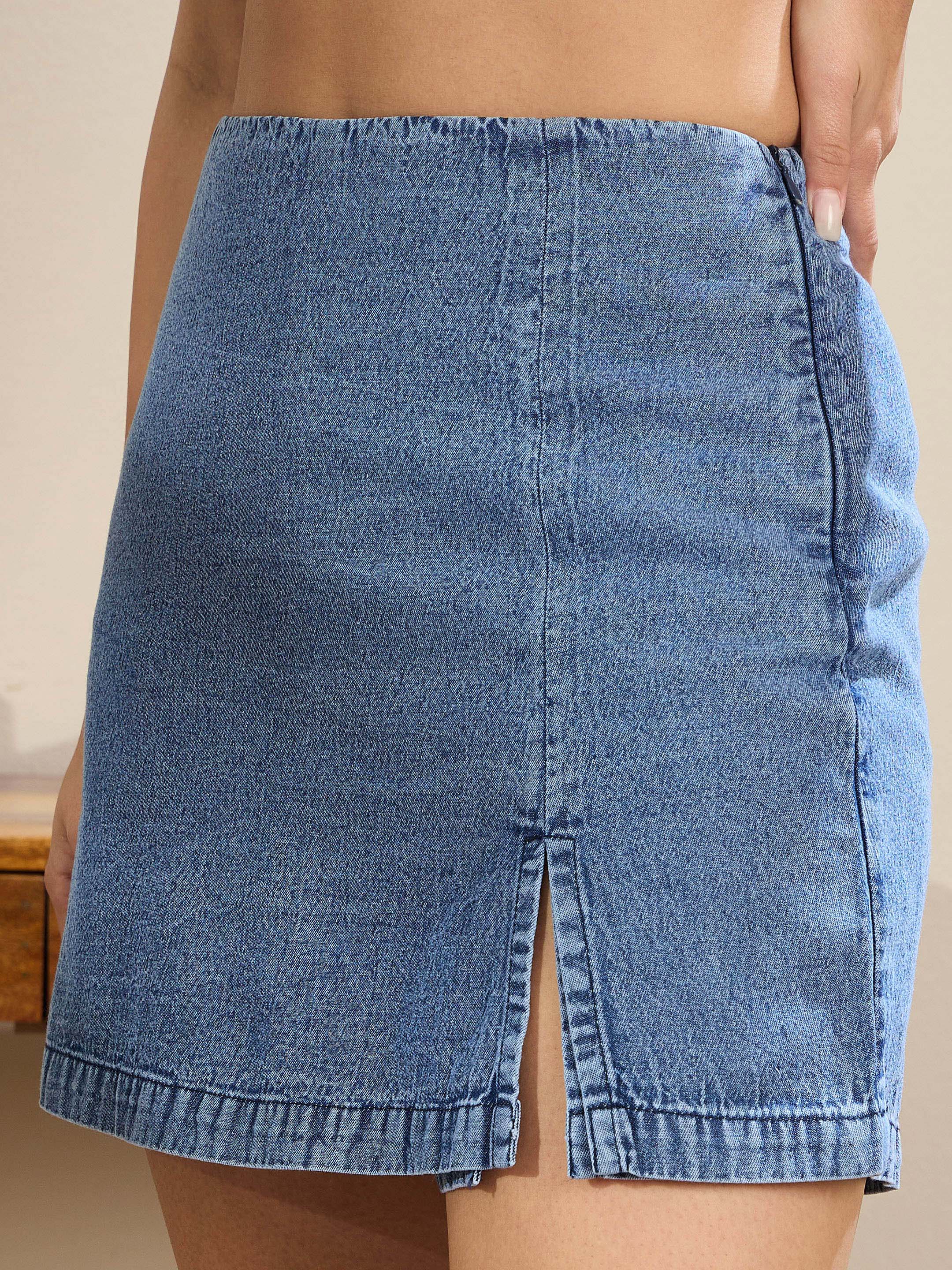 Women Navy Denim Side Slit Skirts