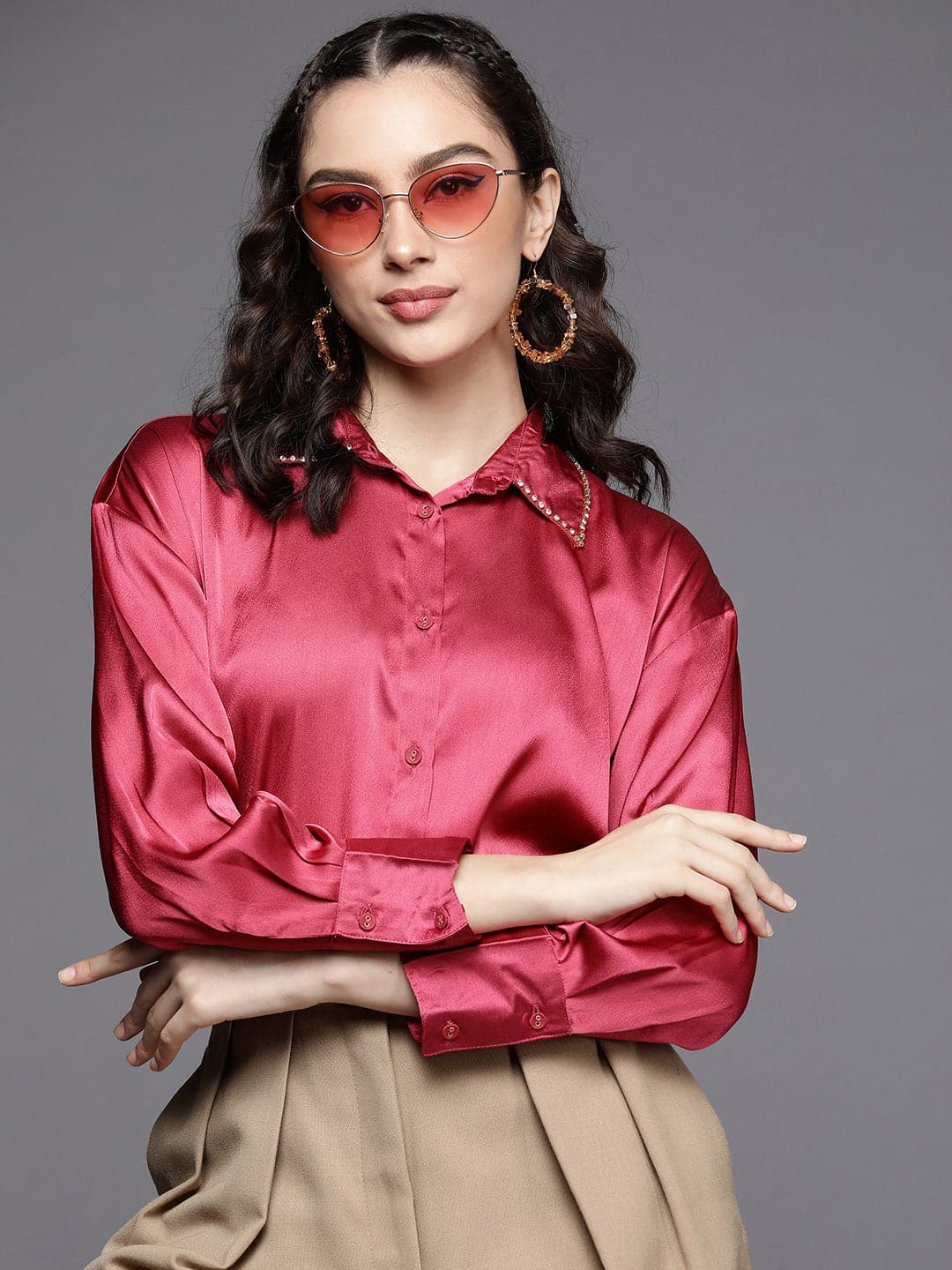 Women Pink Satin Longline Shirt