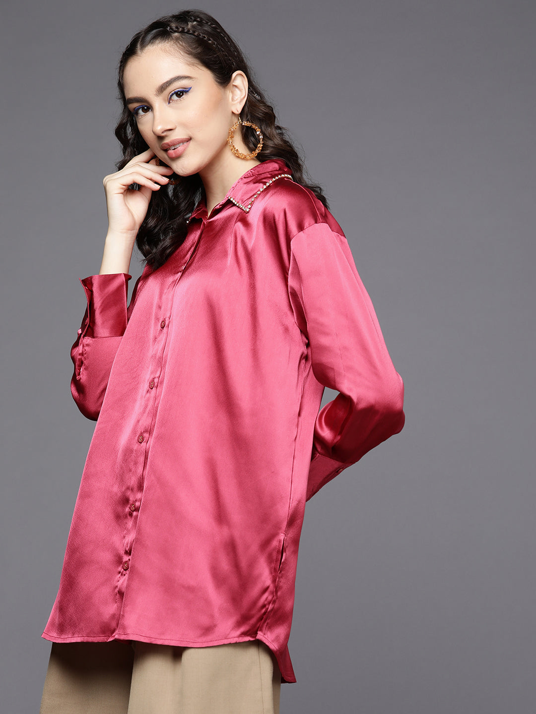 Women Pink Satin Longline Shirt