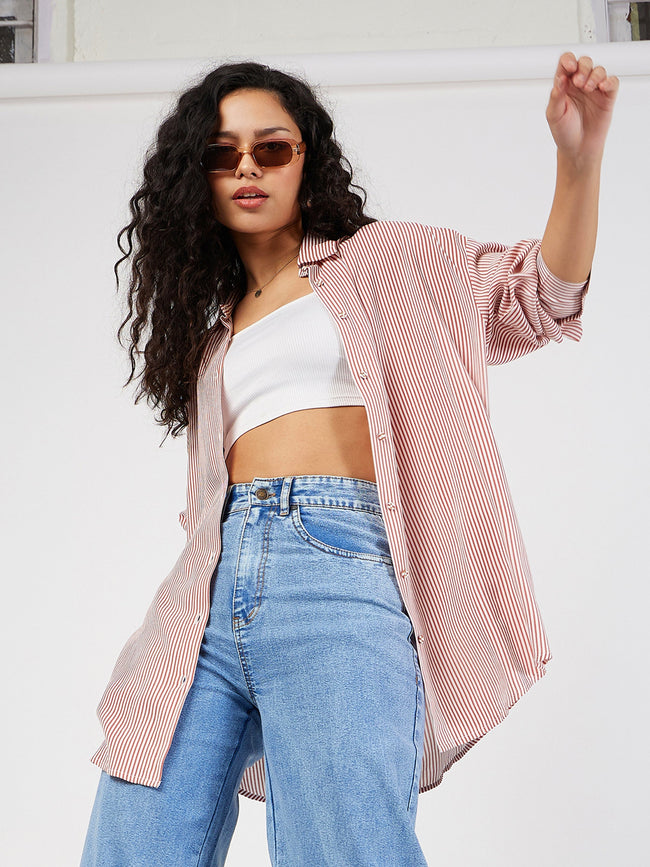 Women Red & White Pinstriped Oversized Shirt