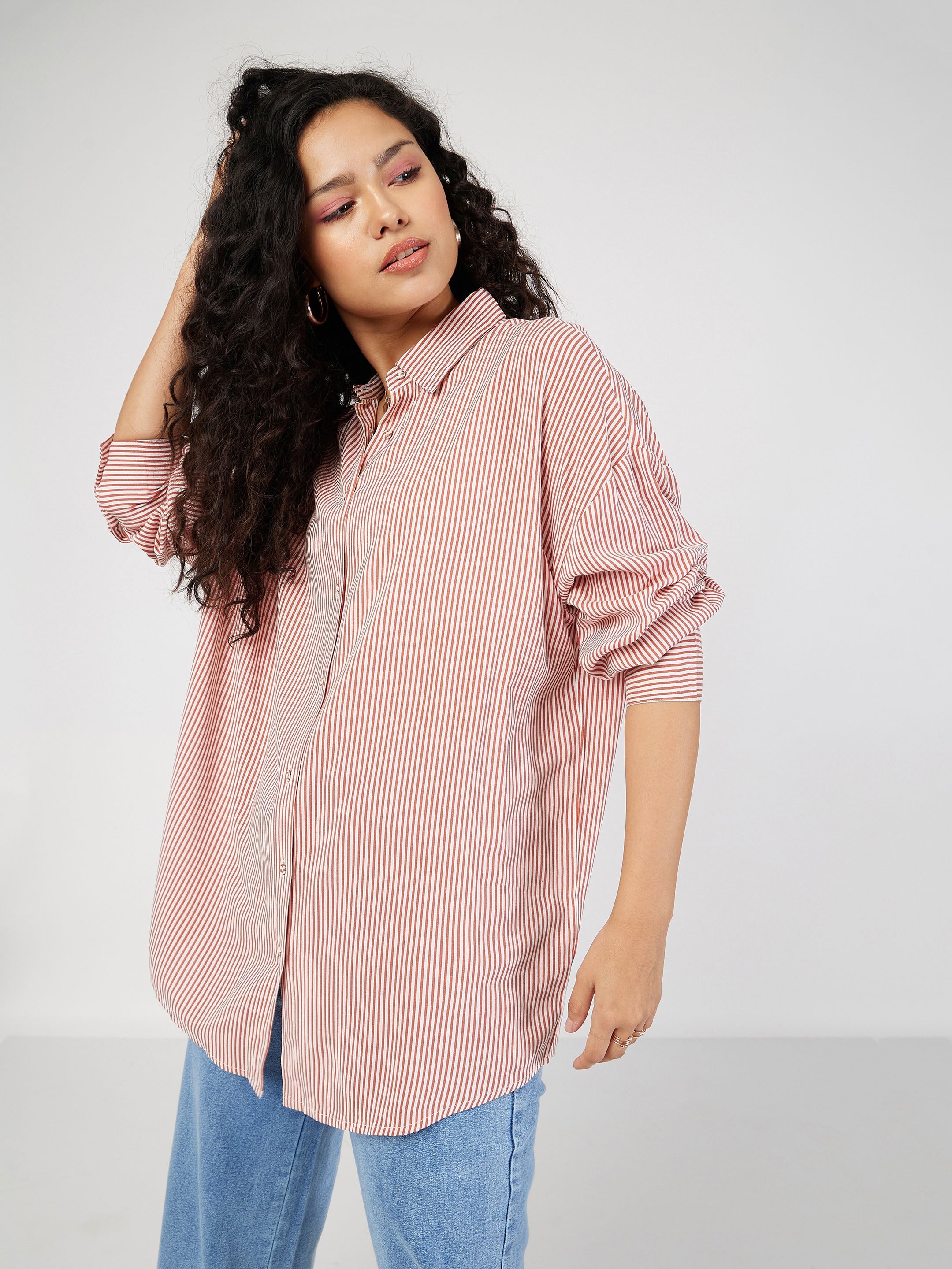 Women Red & White Pinstriped Oversized Shirt