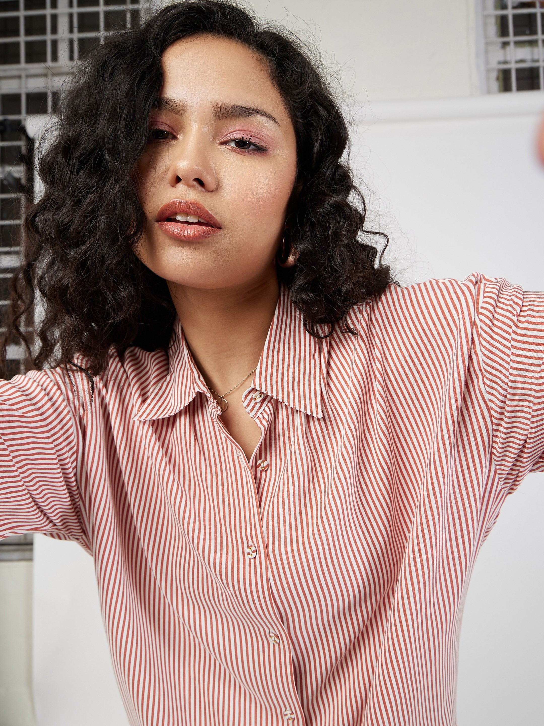 Women Red & White Pinstriped Oversized Shirt