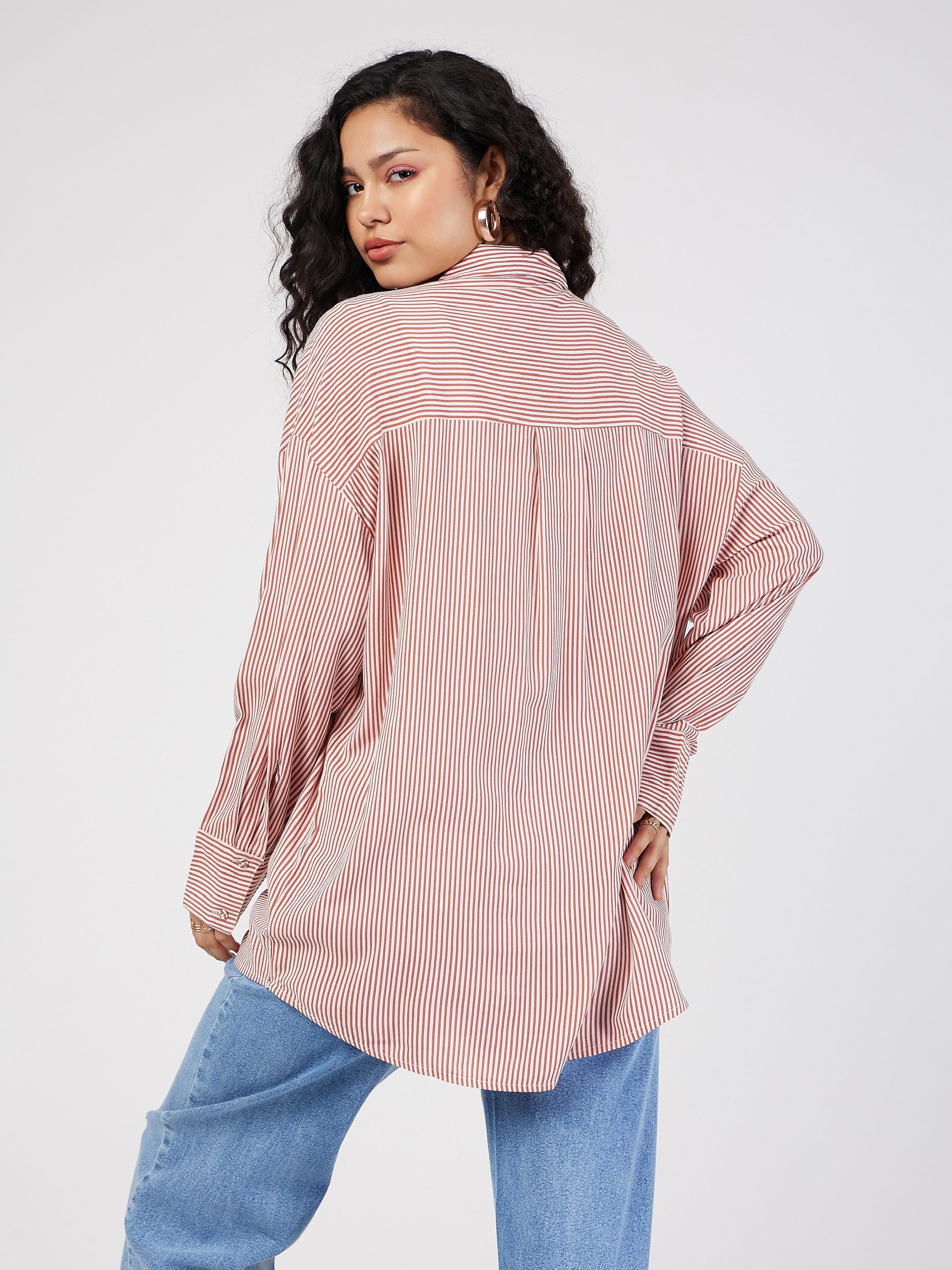 Women Red & White Pinstriped Oversized Shirt