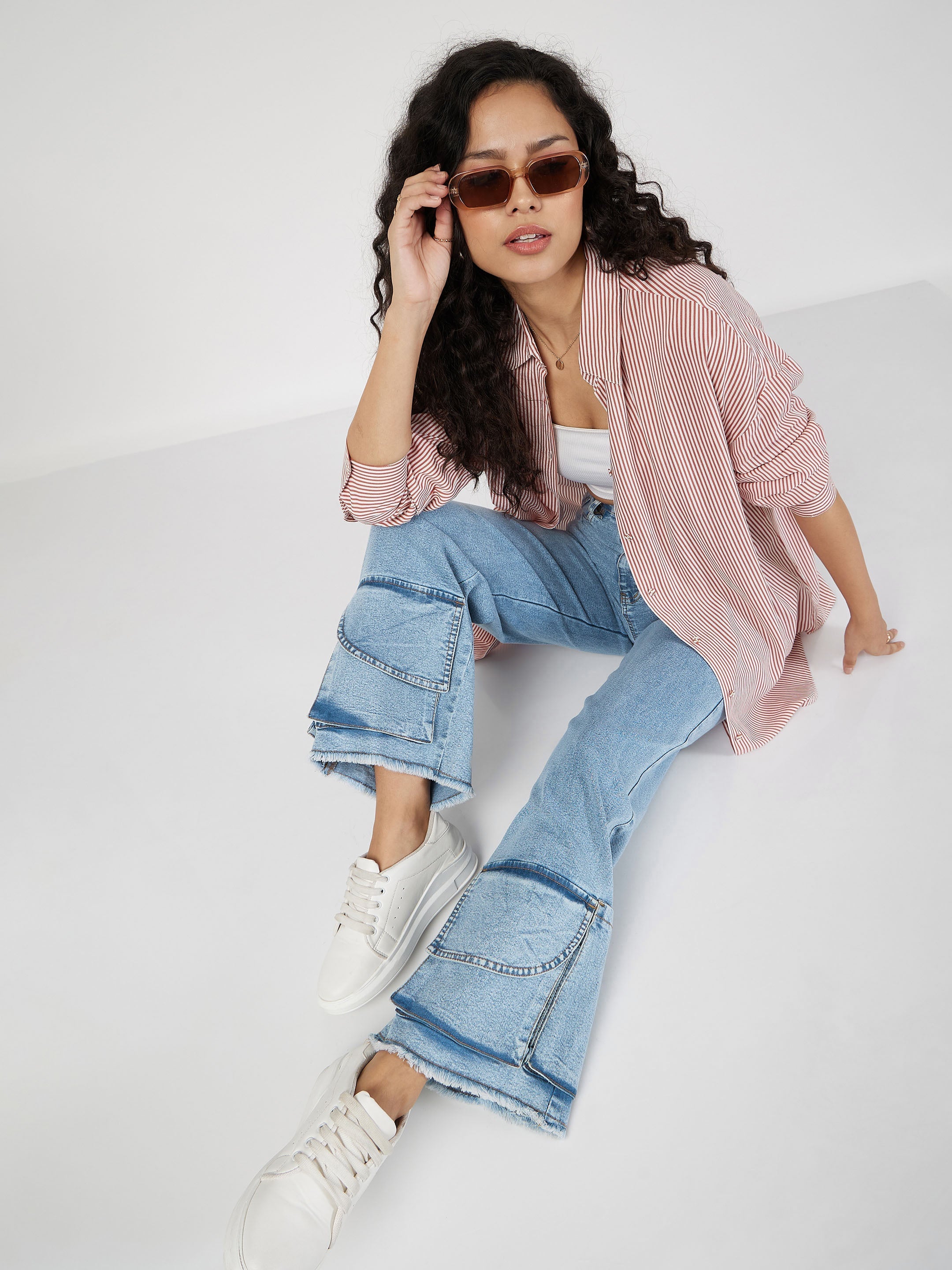 Women Red & White Pinstriped Oversized Shirt
