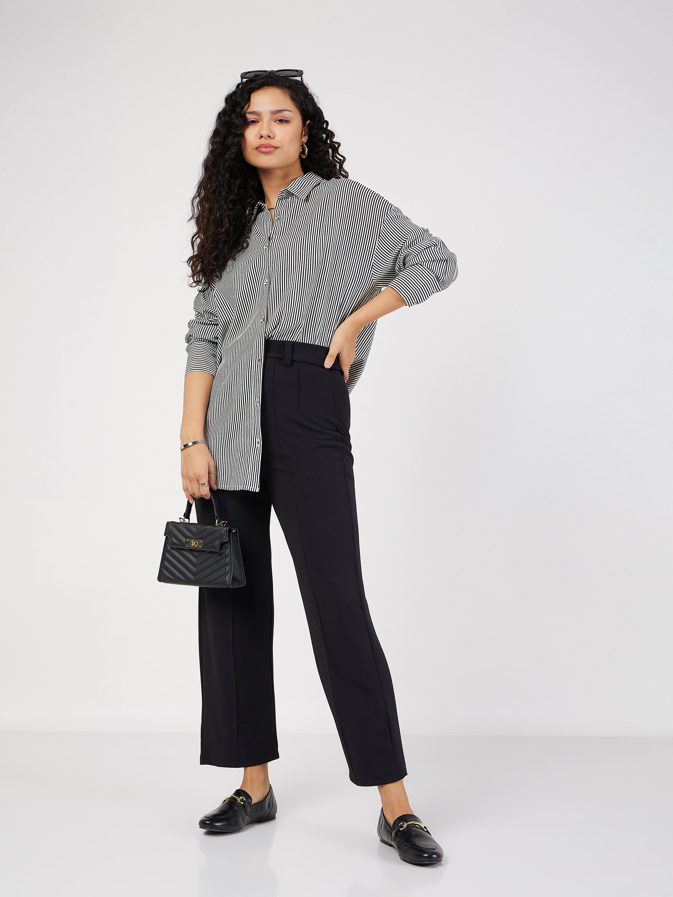 Women Black & White Pinstriped Oversized Shirt