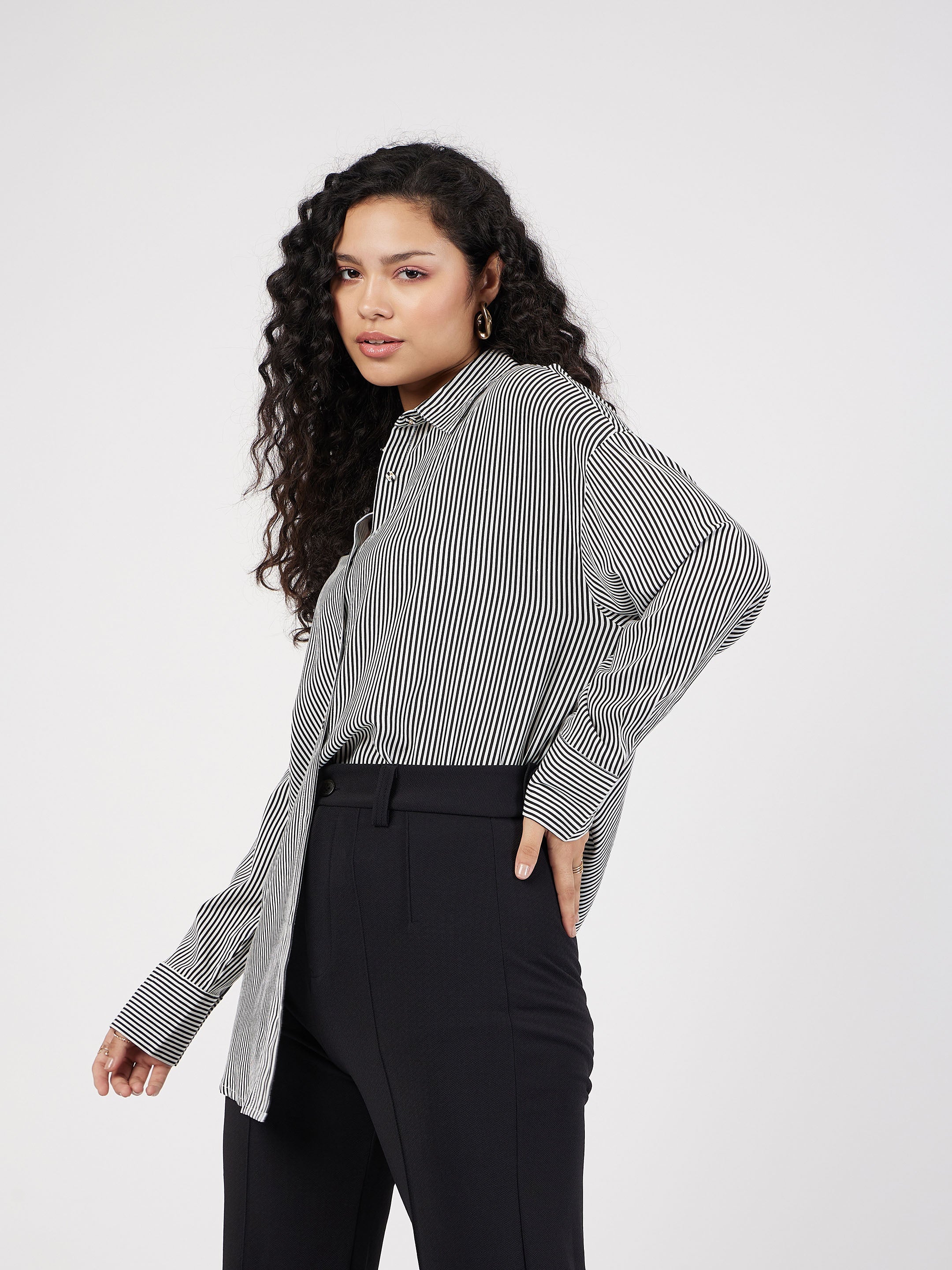 Women Black & White Pinstriped Oversized Shirt