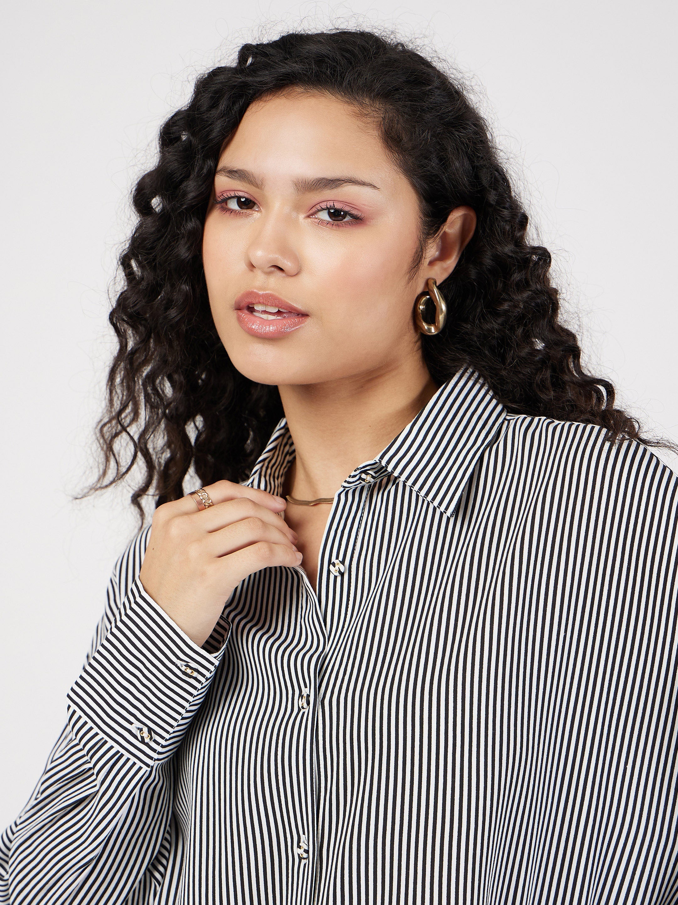 Women Black & White Pinstriped Oversized Shirt