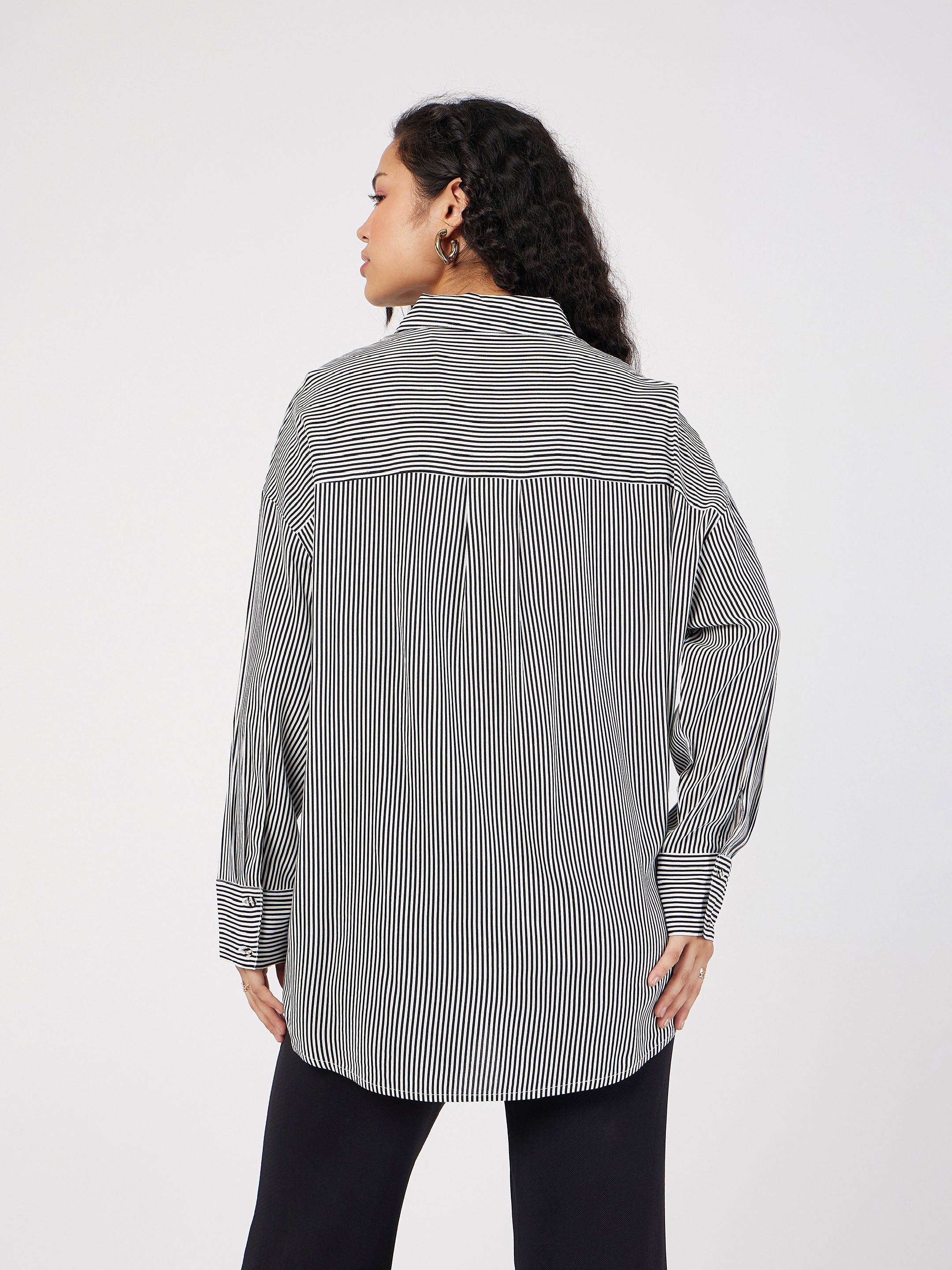 Women Black & White Pinstriped Oversized Shirt