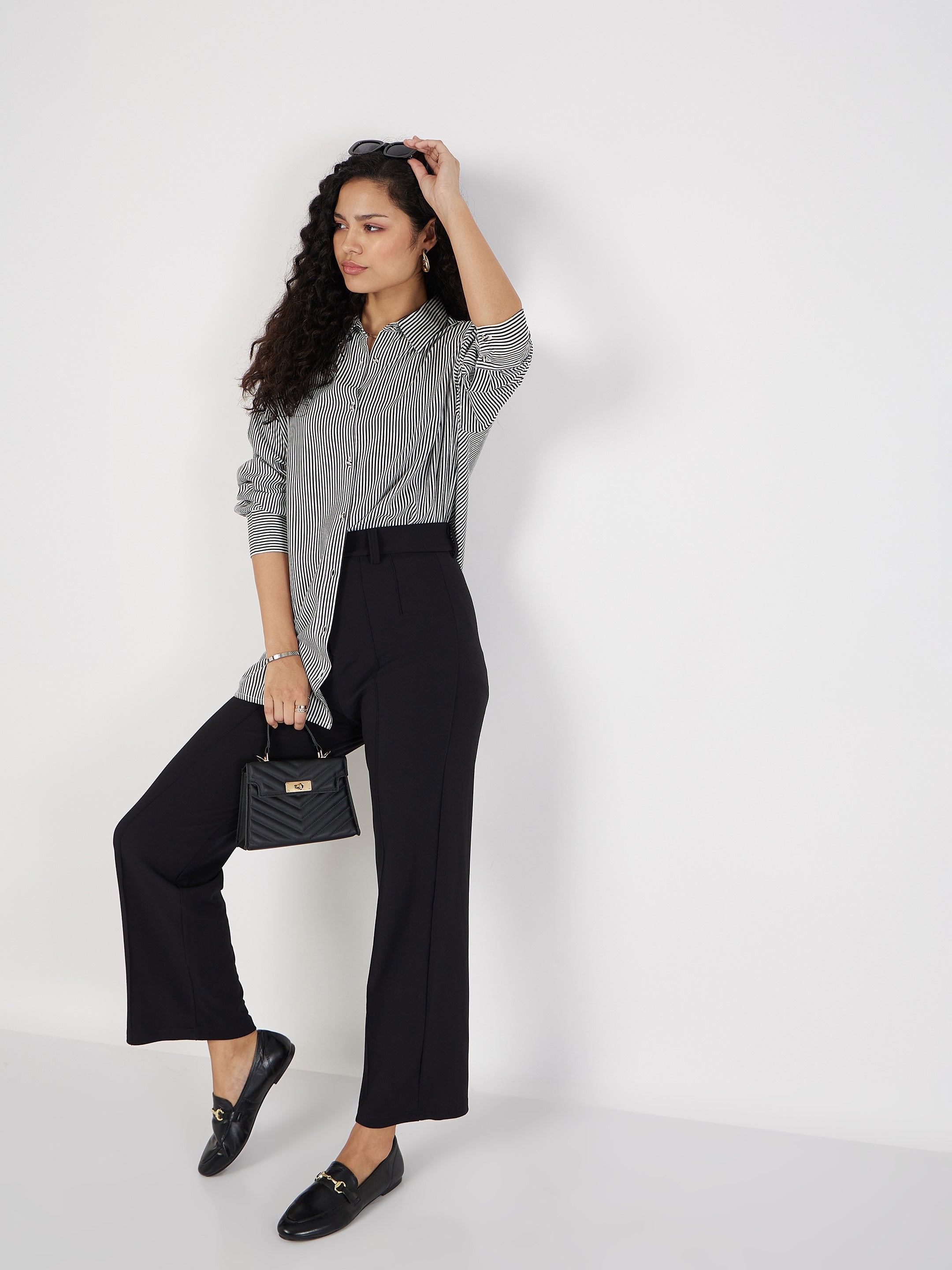 Women Black & White Pinstriped Oversized Shirt