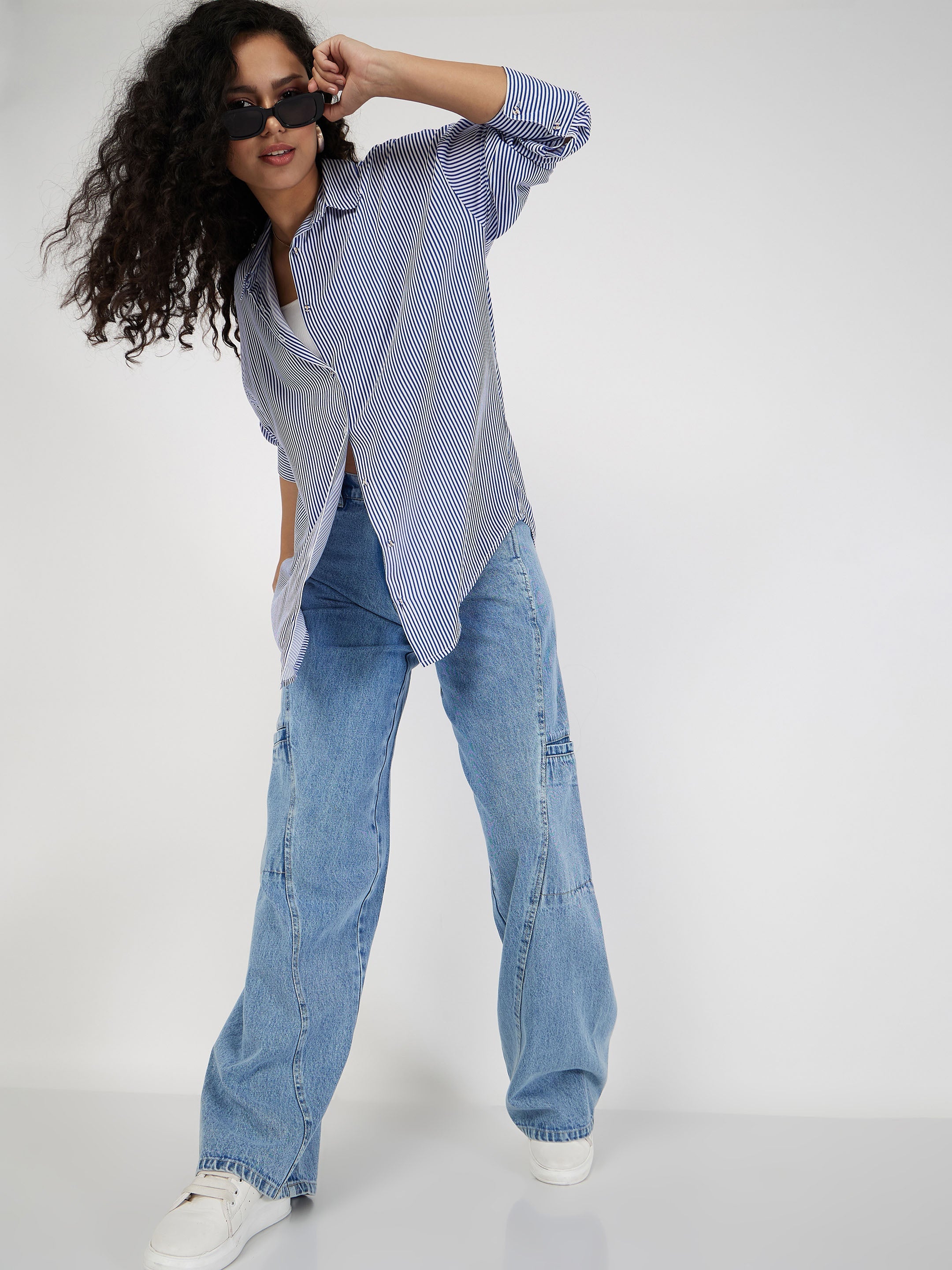 Women Blue & White Pinstriped Oversized Shirt
