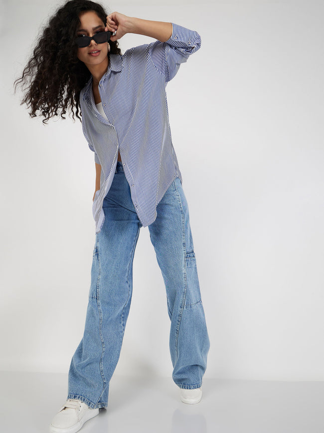 Women Blue & White Pinstriped Oversized Shirt