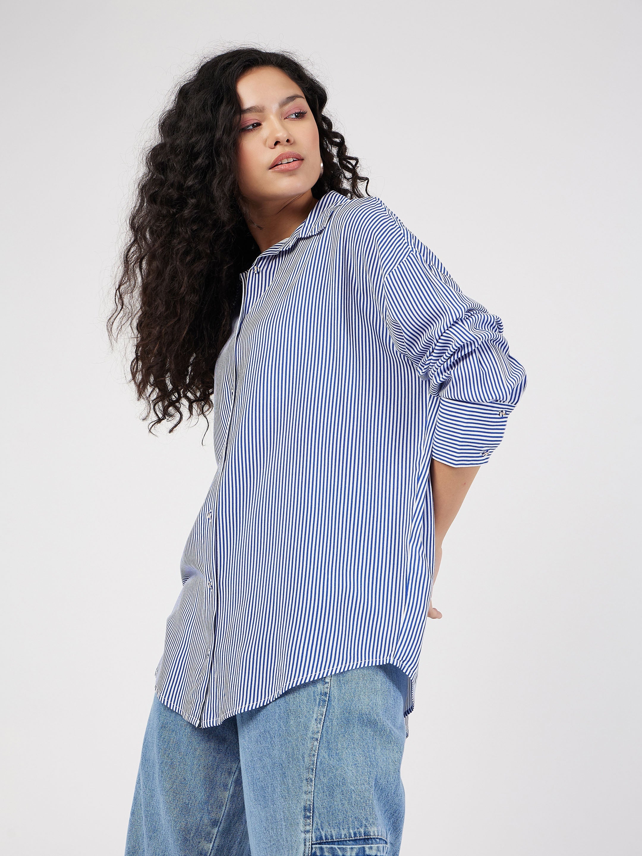Women Blue & White Pinstriped Oversized Shirt