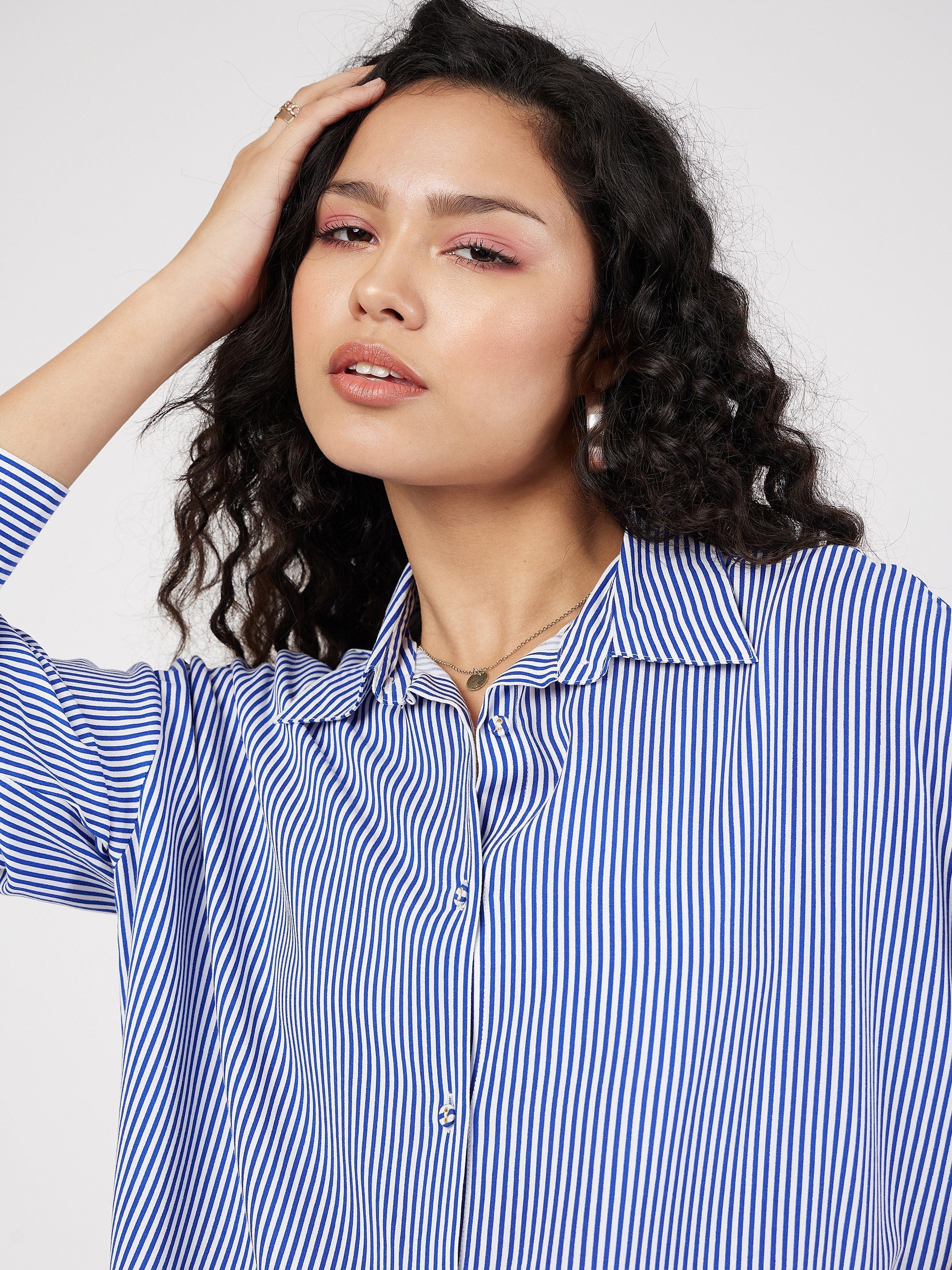 Women Blue & White Pinstriped Oversized Shirt