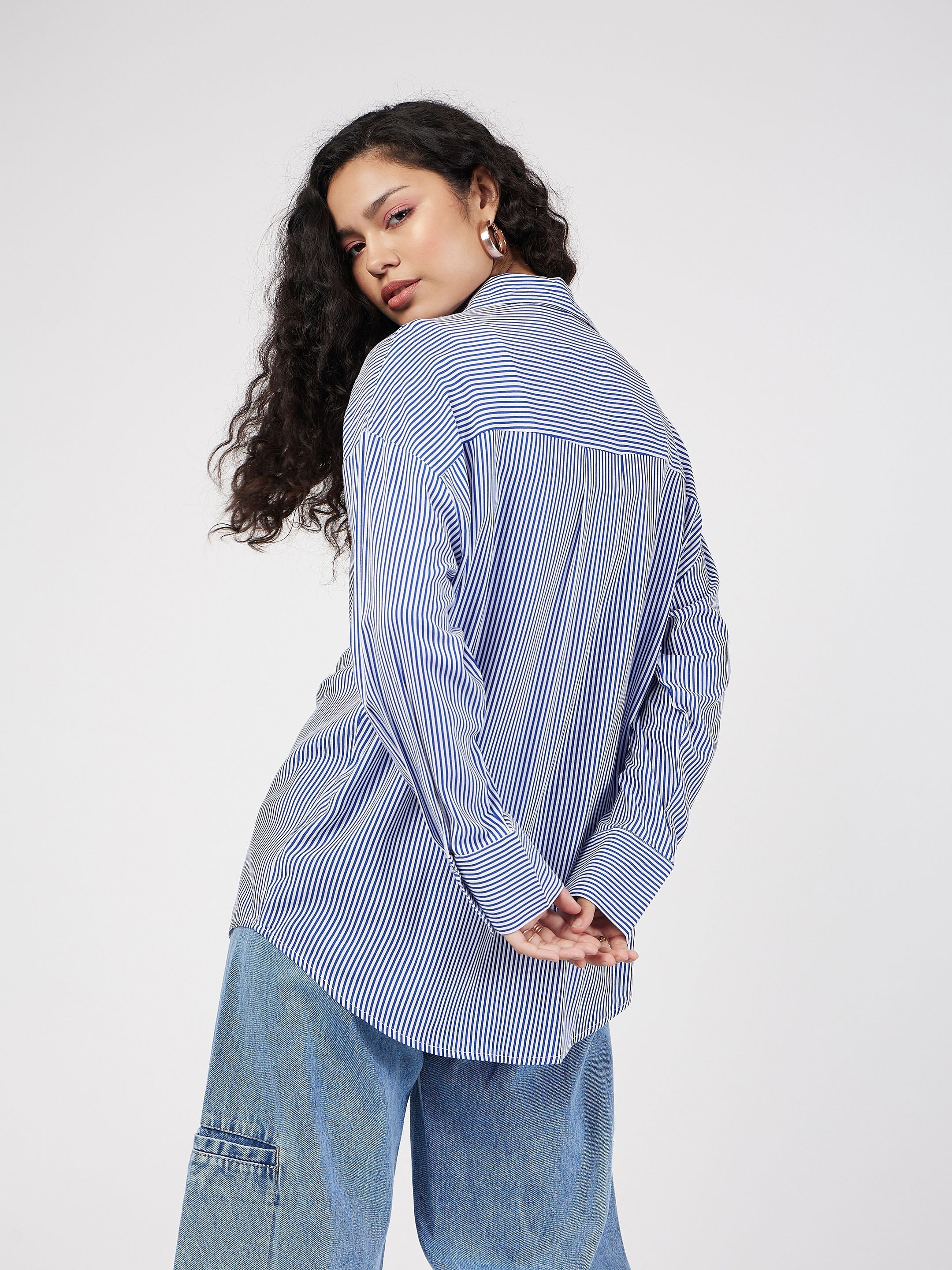 Women Blue & White Pinstriped Oversized Shirt
