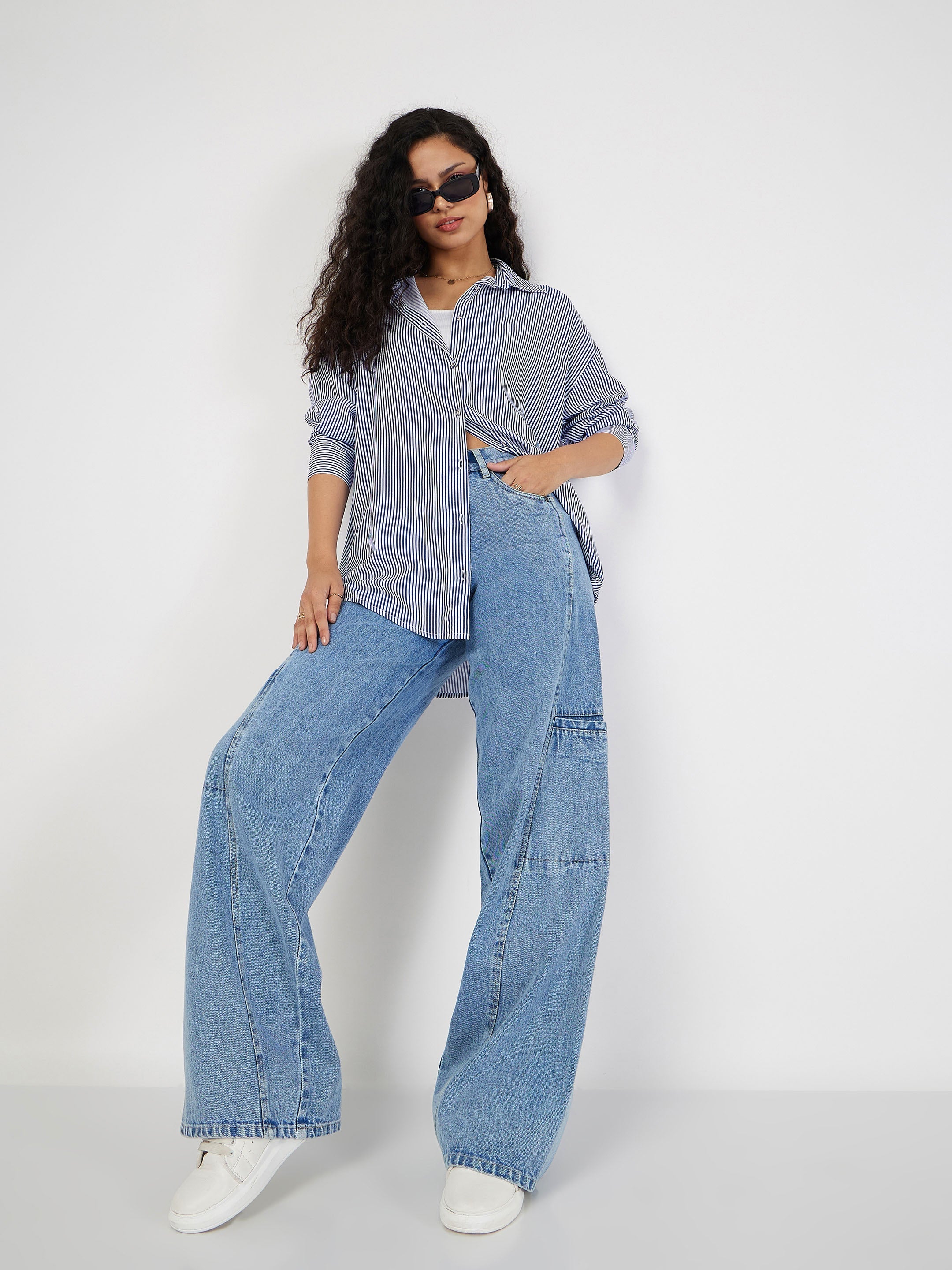 Women Blue & White Pinstriped Oversized Shirt