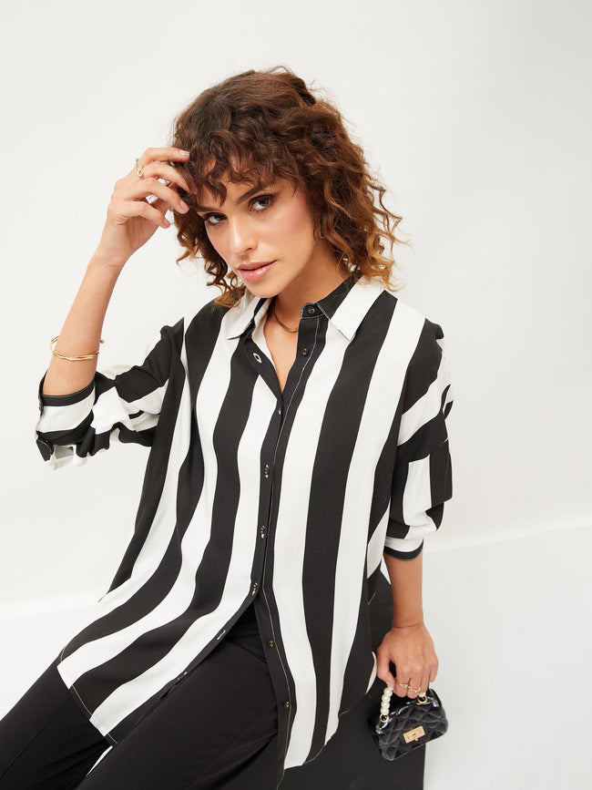 Women Black & White Striped Oversized Shirt